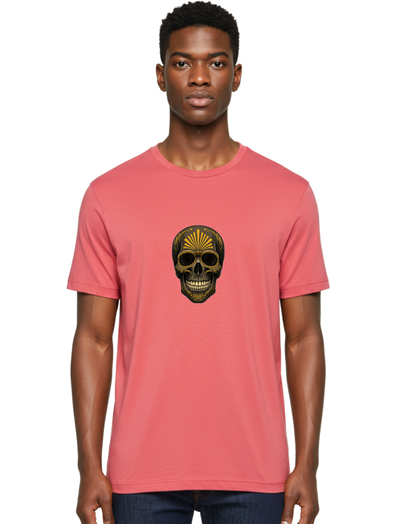 Sugar-Skull-9 Men'S Graphic Tee, 100% Cotton, Comfortable Casual Summer Wear, Machine Washable, Sugar Skull, Ornate Design, Golden Accents, Day Of The Dead, Mexican Culture, Vibrant Patterns, Decorative Art, Symbolic Imagery, Intricate Details Bad781