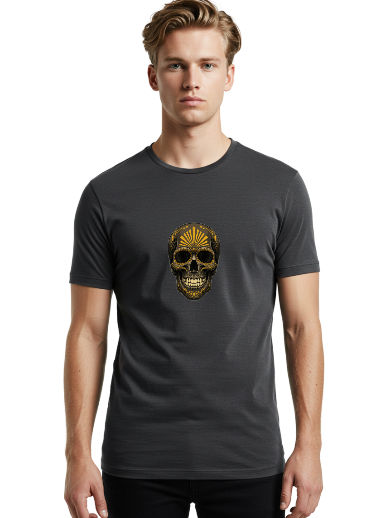 Sugar-Skull-9 Men'S Graphic Tee, 100% Cotton, Comfortable Casual Summer Wear, Machine Washable, Sugar Skull, Ornate Design, Golden Accents, Day Of The Dead, Mexican Culture, Vibrant Patterns, Decorative Art, Symbolic Imagery, Intricate Details Bad781