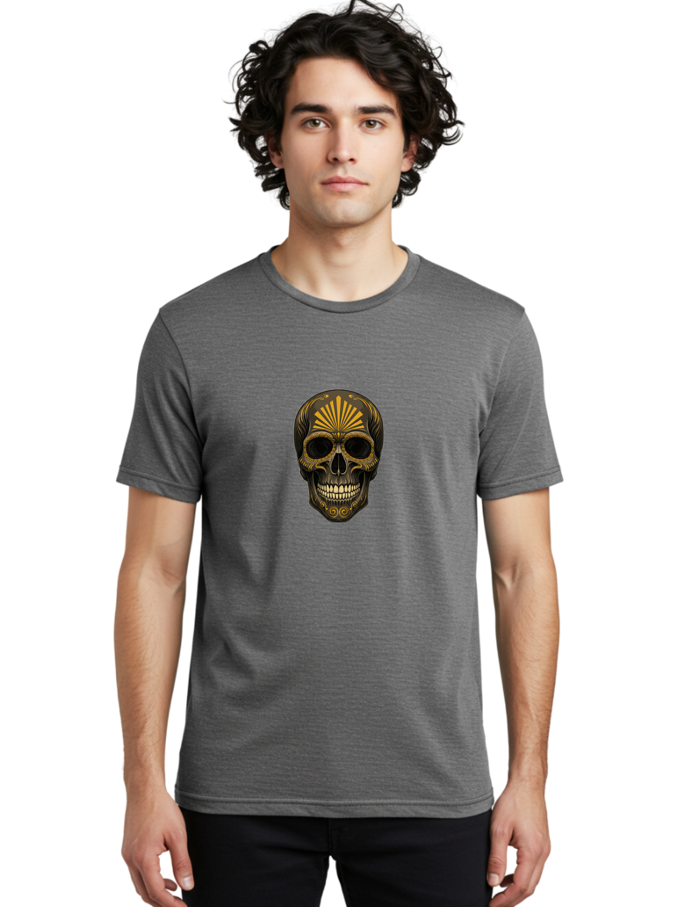 Sugar-Skull-9 Men'S Graphic Tee, 100% Cotton, Comfortable Casual Summer Wear, Machine Washable, Sugar Skull, Ornate Design, Golden Accents, Day Of The Dead, Mexican Culture, Vibrant Patterns, Decorative Art, Symbolic Imagery, Intricate Details Bad781