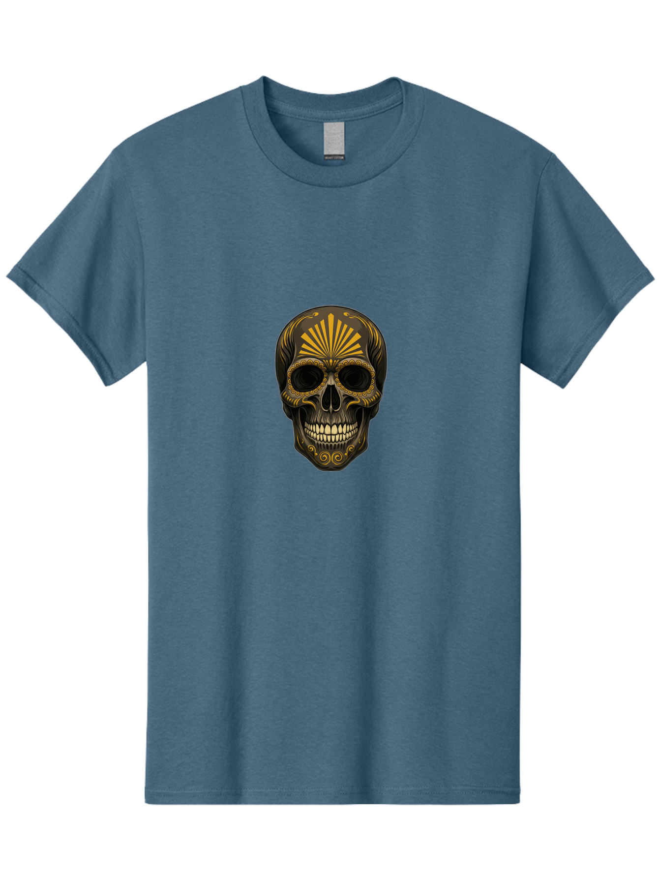 Sugar-Skull-9 Men'S Graphic Tee, 100% Cotton, Comfortable Casual Summer Wear, Machine Washable, Sugar Skull, Ornate Design, Golden Accents, Day Of The Dead, Mexican Culture, Vibrant Patterns, Decorative Art, Symbolic Imagery, Intricate Details Bad781