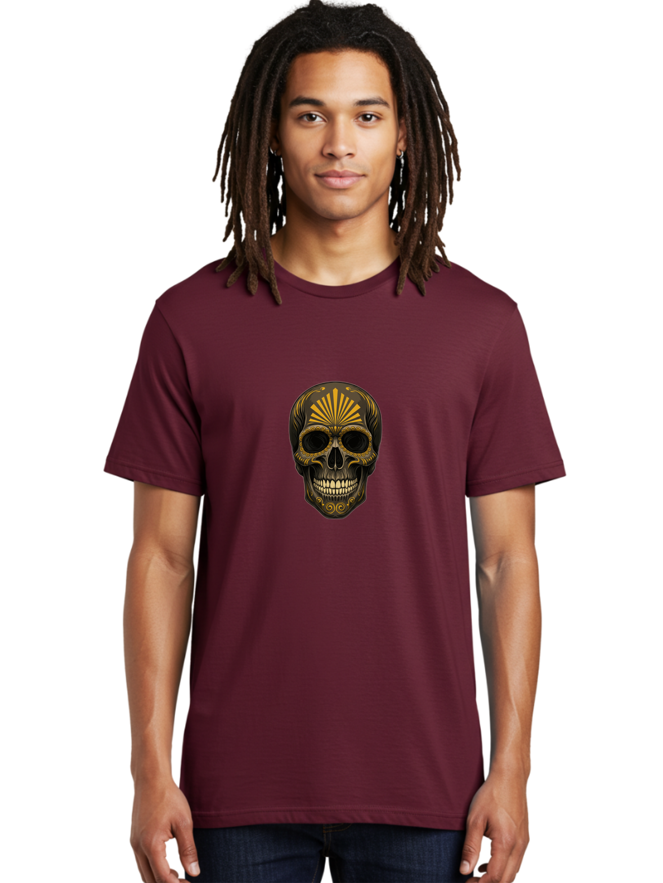 Sugar-Skull-9 Men'S Graphic Tee, 100% Cotton, Comfortable Casual Summer Wear, Machine Washable, Sugar Skull, Ornate Design, Golden Accents, Day Of The Dead, Mexican Culture, Vibrant Patterns, Decorative Art, Symbolic Imagery, Intricate Details Bad781