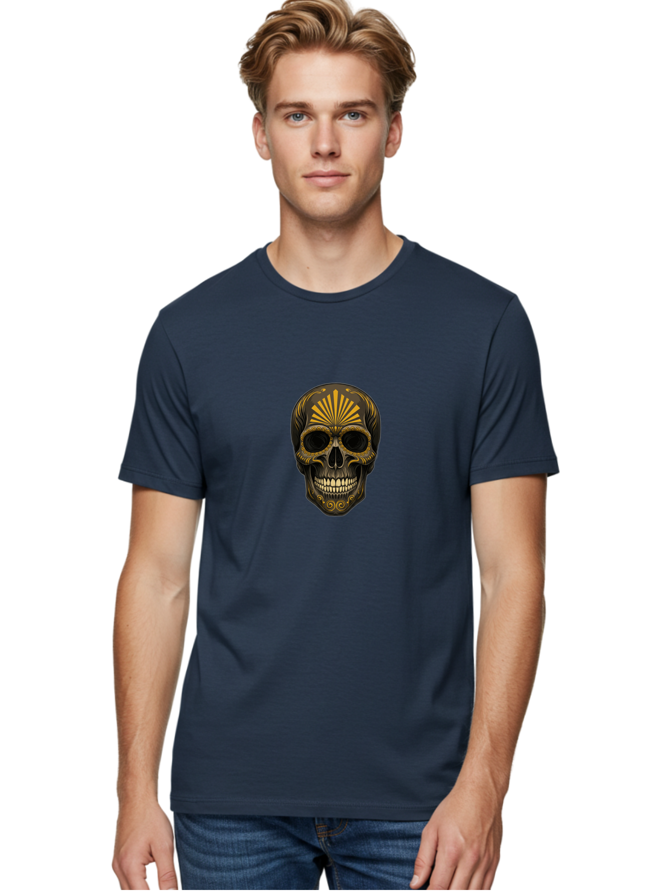 Sugar-Skull-9 Men'S Graphic Tee, 100% Cotton, Comfortable Casual Summer Wear, Machine Washable, Sugar Skull, Ornate Design, Golden Accents, Day Of The Dead, Mexican Culture, Vibrant Patterns, Decorative Art, Symbolic Imagery, Intricate Details Bad781