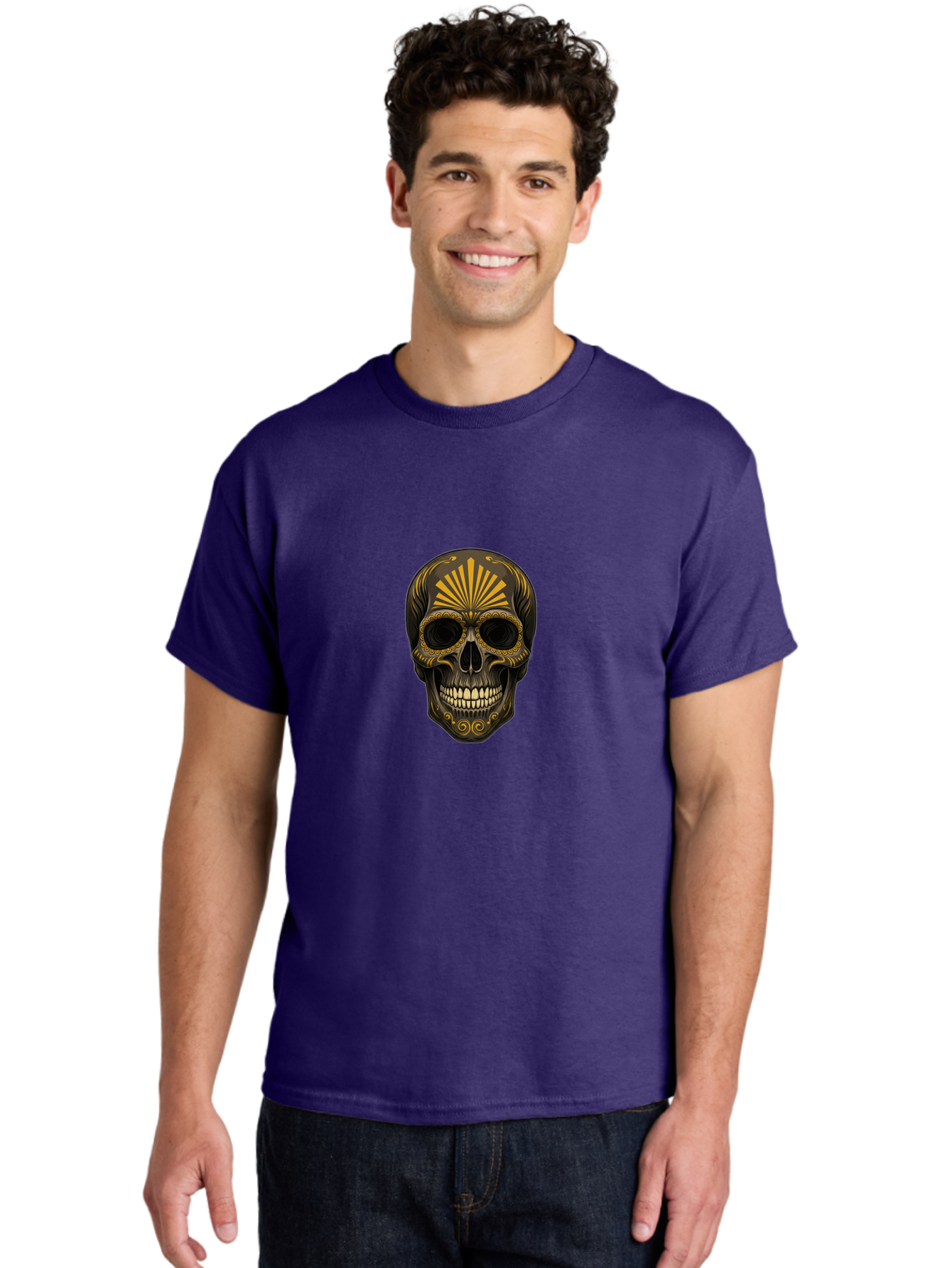 Sugar-Skull-9 Men'S Graphic Tee, 100% Cotton, Comfortable Casual Summer Wear, Machine Washable, Sugar Skull, Ornate Design, Golden Accents, Day Of The Dead, Mexican Culture, Vibrant Patterns, Decorative Art, Symbolic Imagery, Intricate Details Bad781