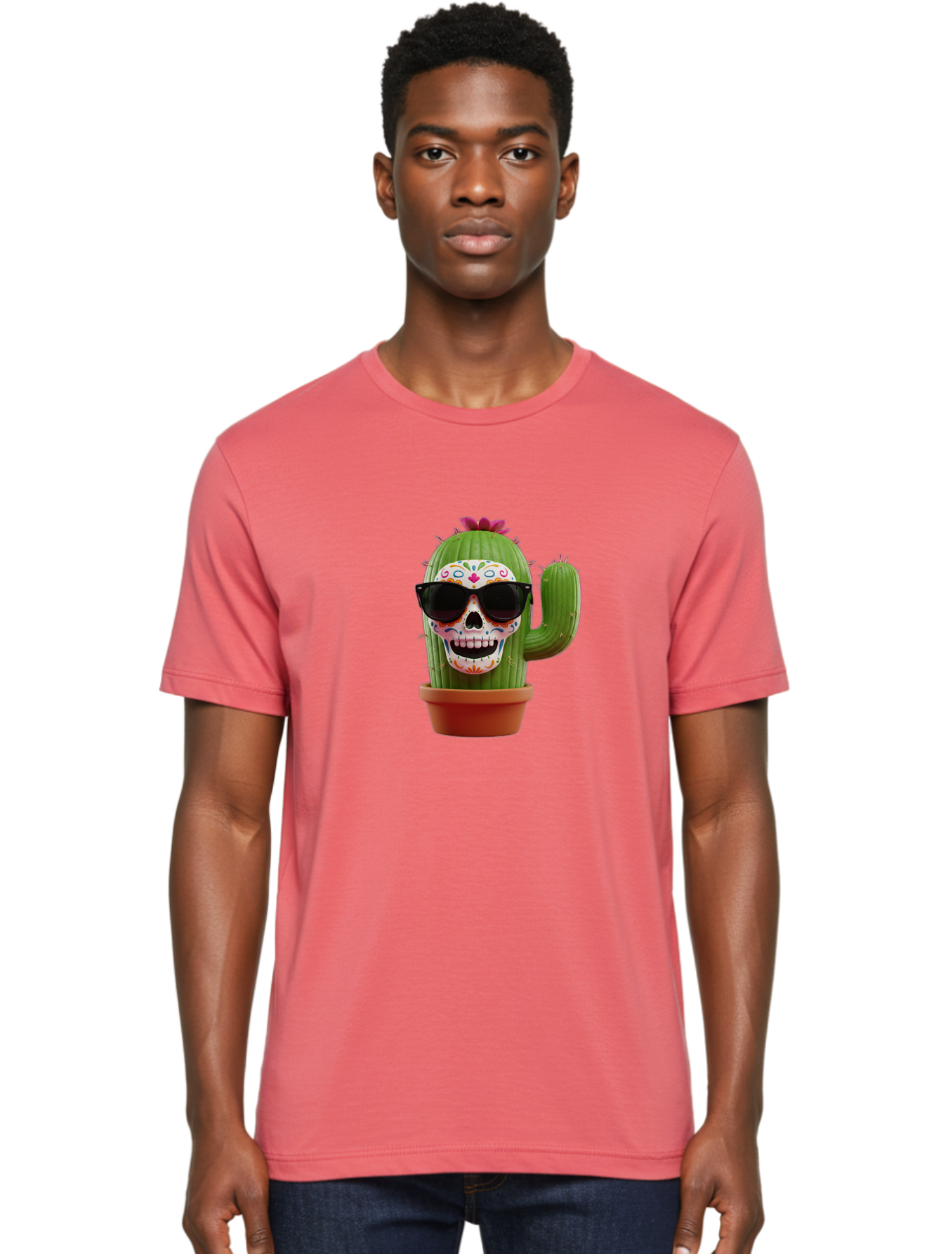 Sugar-Skull-Cactus Men'S Graphic Tee, 100% Cotton, Comfortable Casual Summer Wear, Machine Washable, Sugar Skull Cactus, Day Of The Dead, Colorful Design, Sunglasses, Prickly Pear, Potted Plant, Vibrant Colors, Festive Spirit Bad782