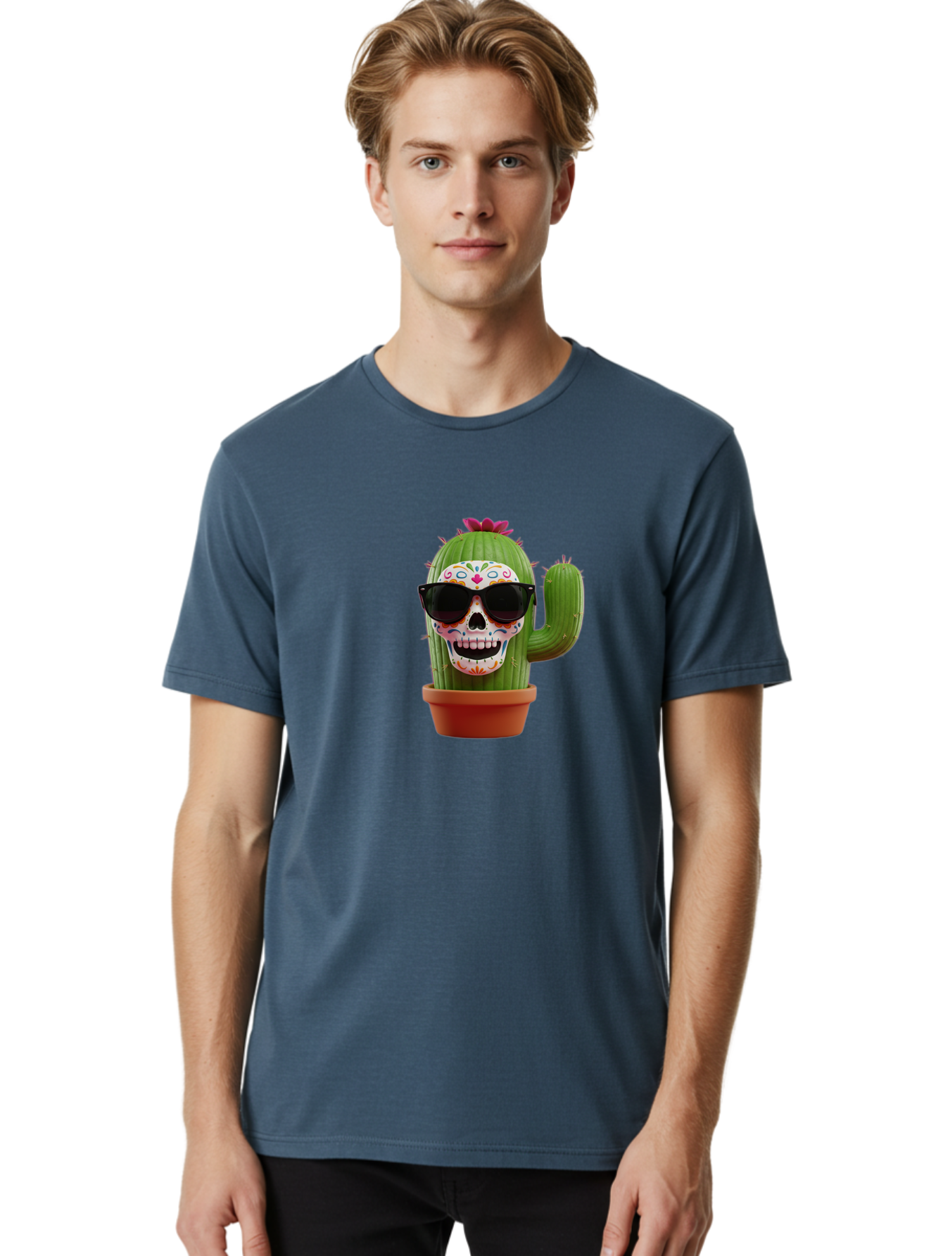 Sugar-Skull-Cactus Men'S Graphic Tee, 100% Cotton, Comfortable Casual Summer Wear, Machine Washable, Sugar Skull Cactus, Day Of The Dead, Colorful Design, Sunglasses, Prickly Pear, Potted Plant, Vibrant Colors, Festive Spirit Bad782