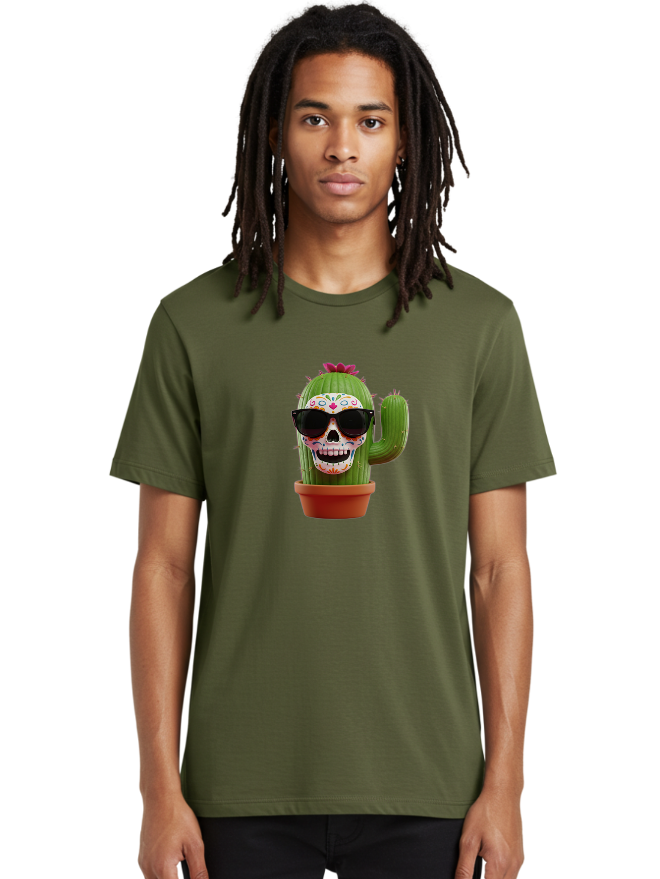 Sugar-Skull-Cactus Men'S Graphic Tee, 100% Cotton, Comfortable Casual Summer Wear, Machine Washable, Sugar Skull Cactus, Day Of The Dead, Colorful Design, Sunglasses, Prickly Pear, Potted Plant, Vibrant Colors, Festive Spirit Bad782