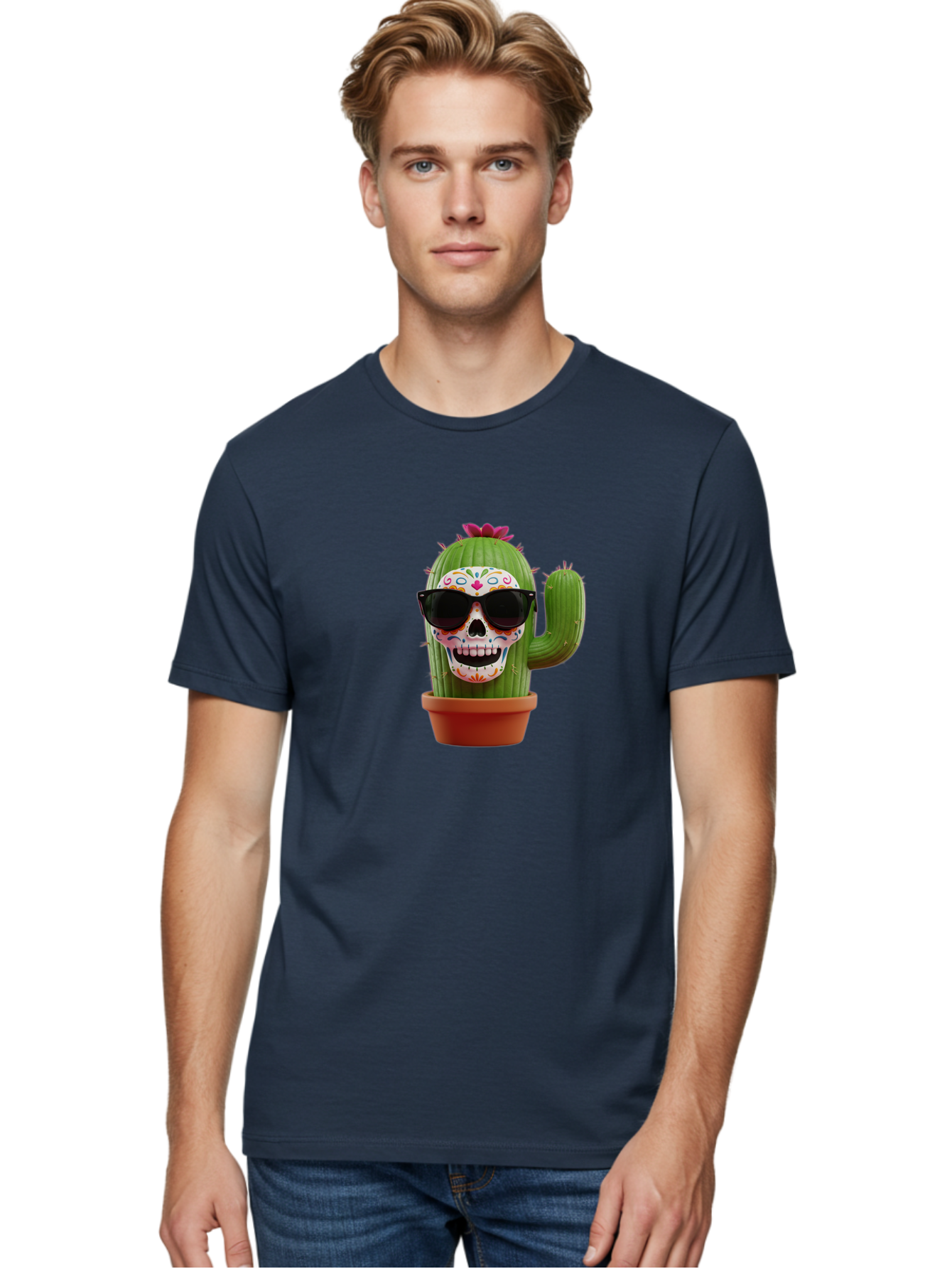Sugar-Skull-Cactus Men'S Graphic Tee, 100% Cotton, Comfortable Casual Summer Wear, Machine Washable, Sugar Skull Cactus, Day Of The Dead, Colorful Design, Sunglasses, Prickly Pear, Potted Plant, Vibrant Colors, Festive Spirit Bad782