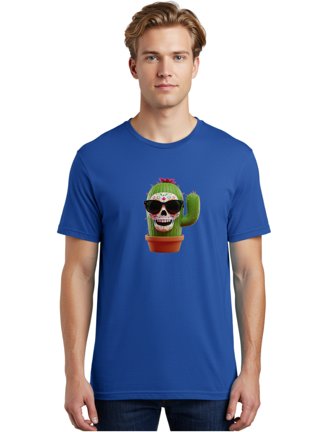 Sugar-Skull-Cactus Men'S Graphic Tee, 100% Cotton, Comfortable Casual Summer Wear, Machine Washable, Sugar Skull Cactus, Day Of The Dead, Colorful Design, Sunglasses, Prickly Pear, Potted Plant, Vibrant Colors, Festive Spirit Bad782
