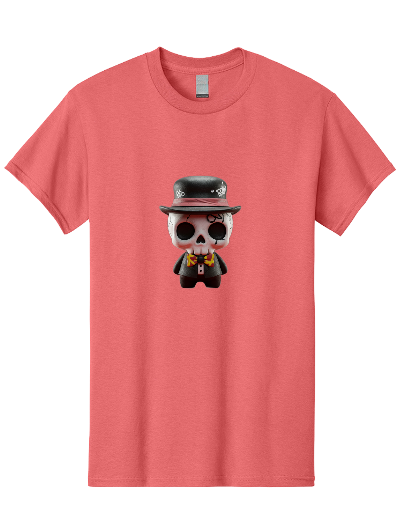 Sugar-Skull-Figurine Men'S Graphic Tee, 100% Cotton, Comfortable Casual Summer Wear, Machine Washable, Skull Figurine, Vintage Hat, Black Suit, Yellow Bow Tie, Red Flames, Day Of The Dead, Gothic Style, Unique Collectible, Creepy Character, Bad783