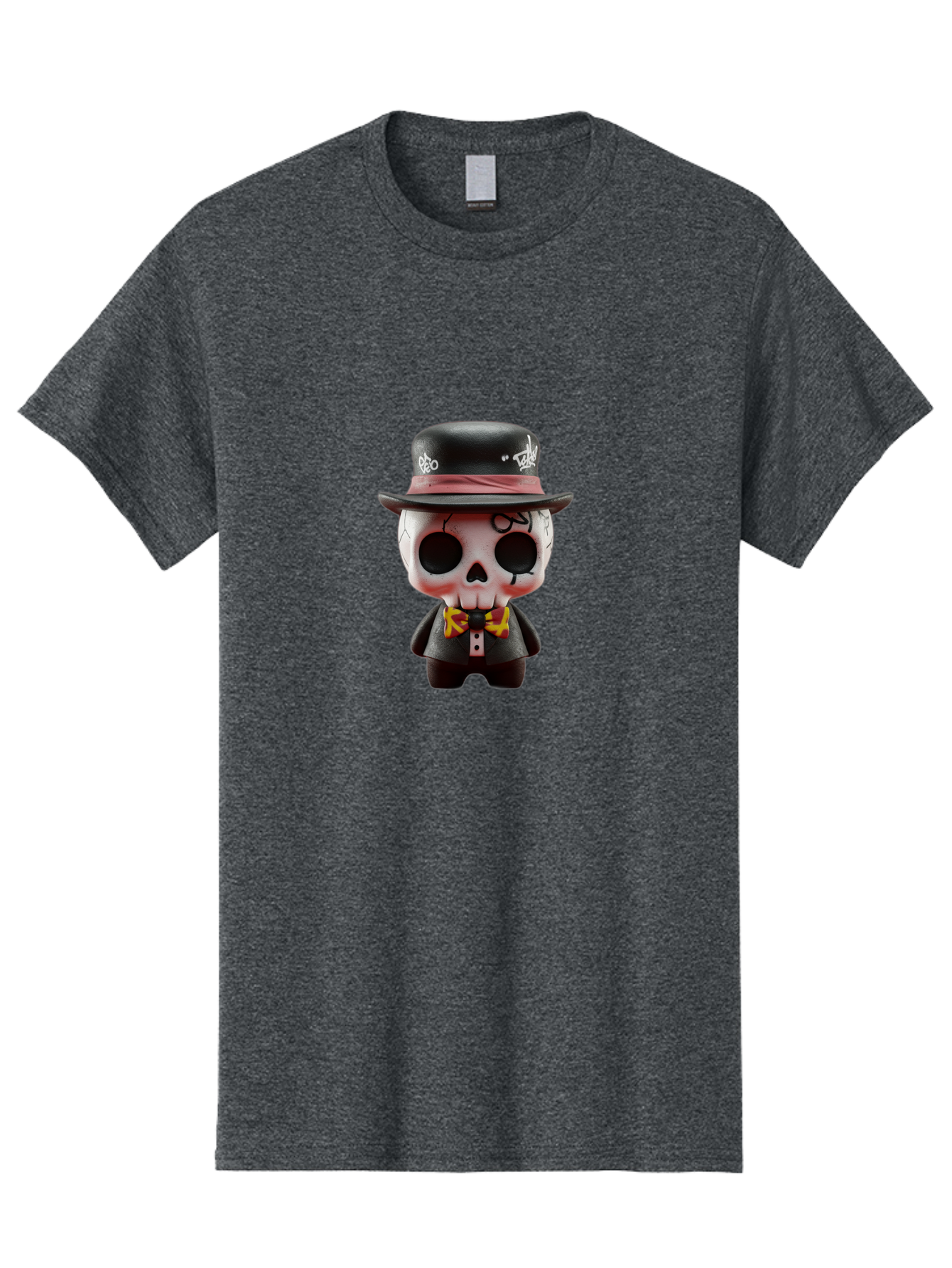 Sugar-Skull-Figurine Men'S Graphic Tee, 100% Cotton, Comfortable Casual Summer Wear, Machine Washable, Skull Figurine, Vintage Hat, Black Suit, Yellow Bow Tie, Red Flames, Day Of The Dead, Gothic Style, Unique Collectible, Creepy Character, Bad783