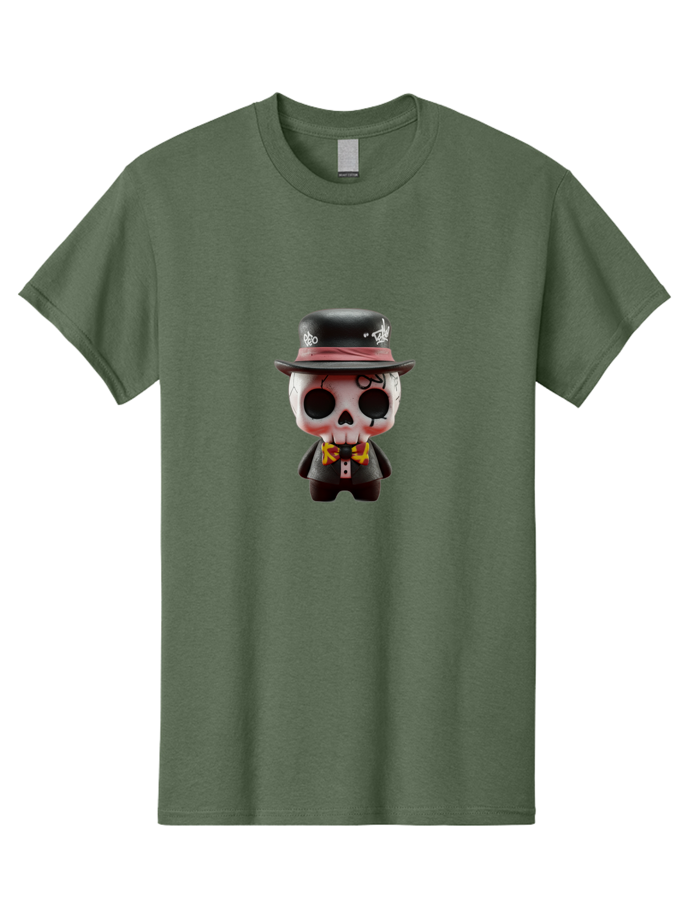 Sugar-Skull-Figurine Men'S Graphic Tee, 100% Cotton, Comfortable Casual Summer Wear, Machine Washable, Skull Figurine, Vintage Hat, Black Suit, Yellow Bow Tie, Red Flames, Day Of The Dead, Gothic Style, Unique Collectible, Creepy Character, Bad783