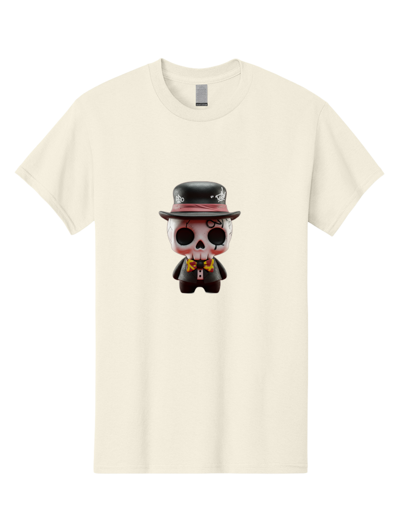 Sugar-Skull-Figurine Men'S Graphic Tee, 100% Cotton, Comfortable Casual Summer Wear, Machine Washable, Skull Figurine, Vintage Hat, Black Suit, Yellow Bow Tie, Red Flames, Day Of The Dead, Gothic Style, Unique Collectible, Creepy Character, Bad783