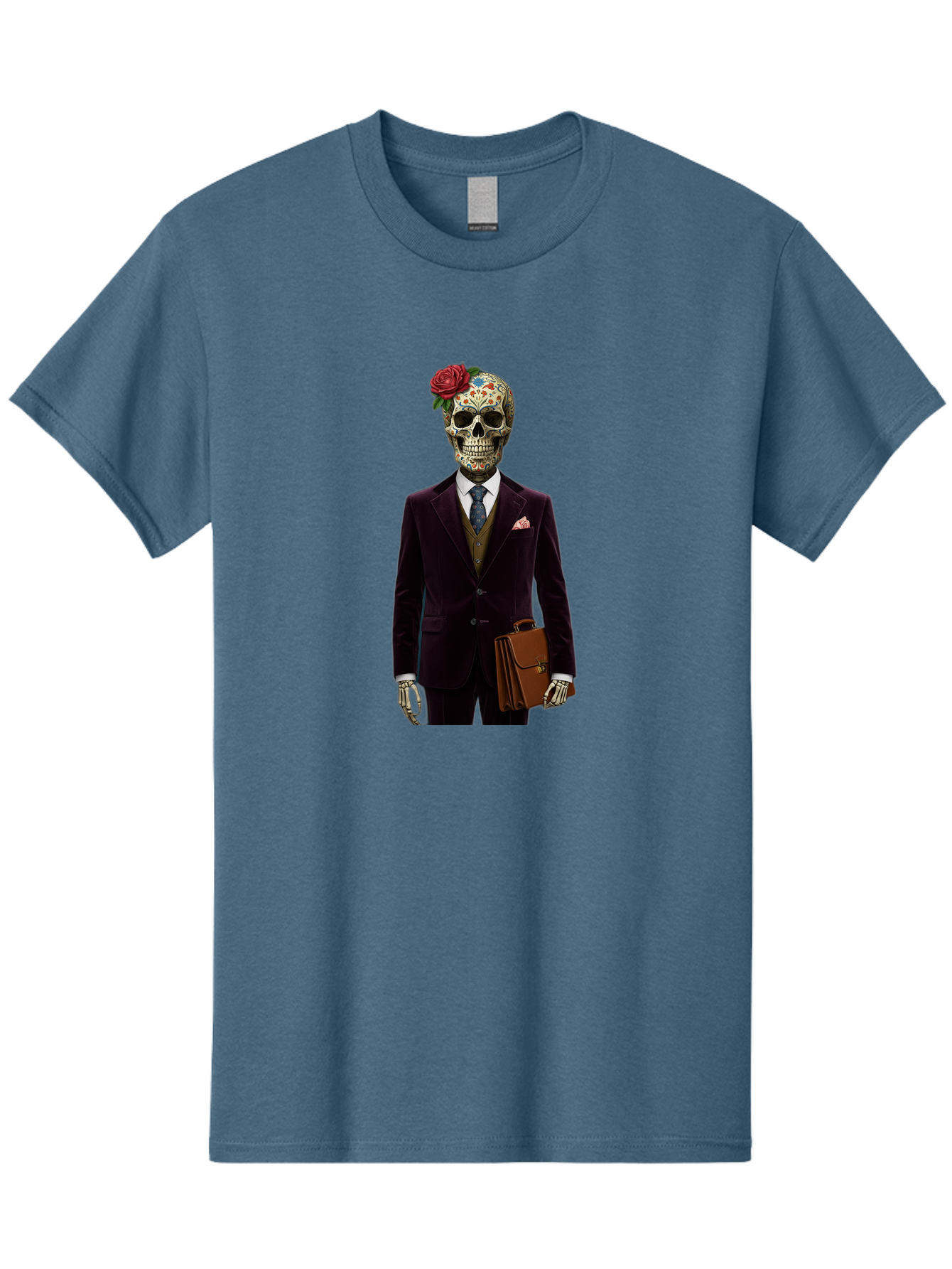 Sugar-Skull-Gentleman Men'S Graphic Tee, 100% Cotton, Comfortable Casual Summer Wear, Machine Washable, Sugar Skull, Businessman Attire, Formal Wear, Briefcase, Day Of The Dead, Colorful Skull, Decorated Skull, Skeleton Hand, Formal Suit, Bad784