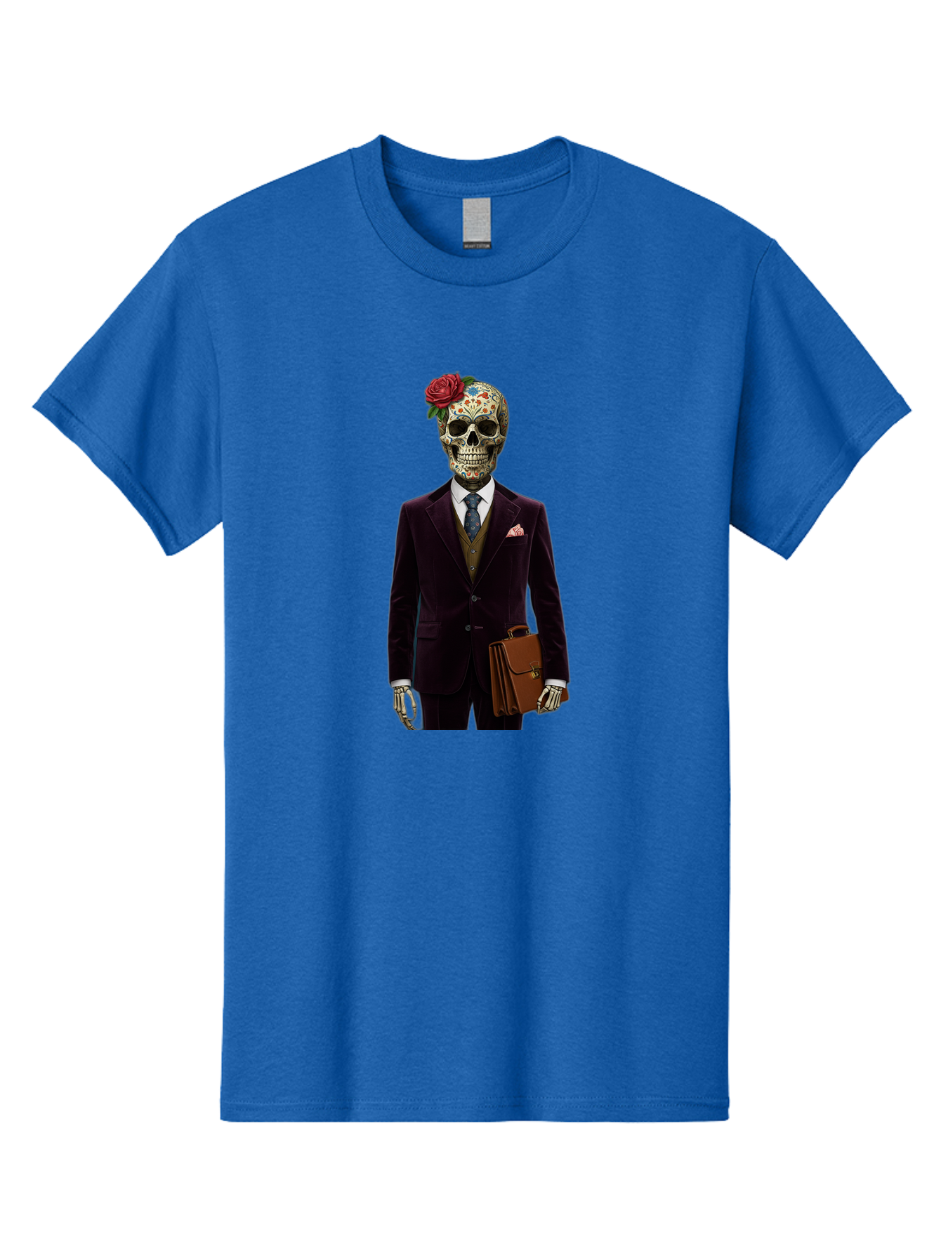 Sugar-Skull-Gentleman Men'S Graphic Tee, 100% Cotton, Comfortable Casual Summer Wear, Machine Washable, Sugar Skull, Businessman Attire, Formal Wear, Briefcase, Day Of The Dead, Colorful Skull, Decorated Skull, Skeleton Hand, Formal Suit, Bad784