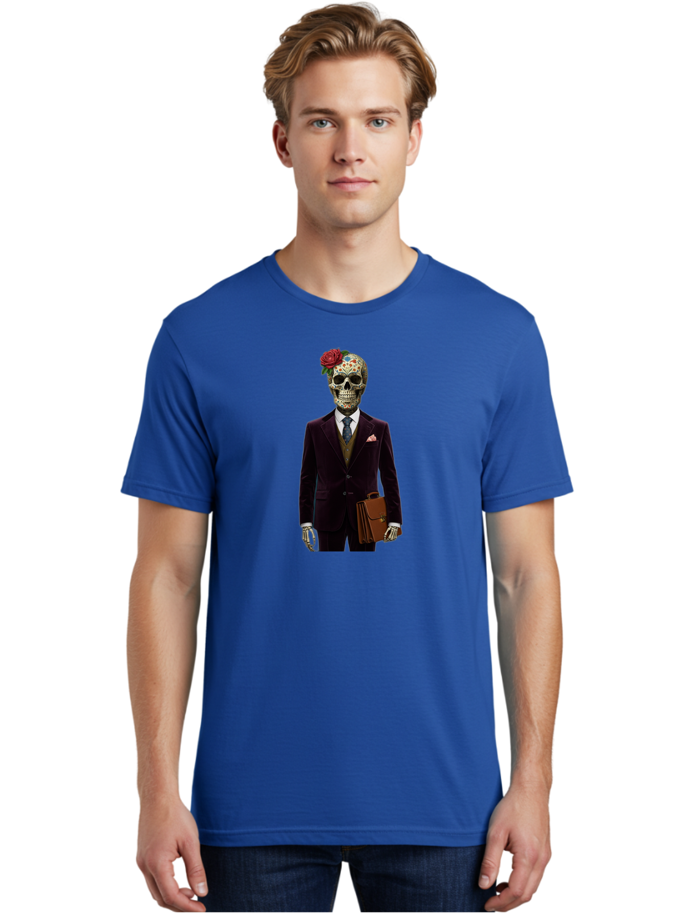 Sugar-Skull-Gentleman Men'S Graphic Tee, 100% Cotton, Comfortable Casual Summer Wear, Machine Washable, Sugar Skull, Businessman Attire, Formal Wear, Briefcase, Day Of The Dead, Colorful Skull, Decorated Skull, Skeleton Hand, Formal Suit, Bad784