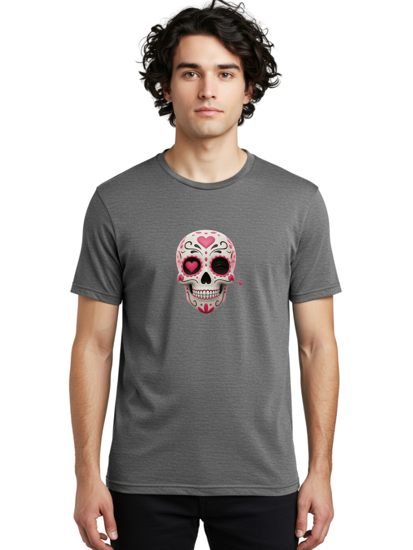 Sugar-Skull-Heart-Eyes Men'S Graphic Tee, 100% Cotton, Comfortable Casual Summer Wear, Machine Washable, Sugar Skull, Day Of The Dead, Pink Hearts, Floral Patterns, Black Swirls, Vibrant Colors, Festive Design, Intricate Details, Bad785