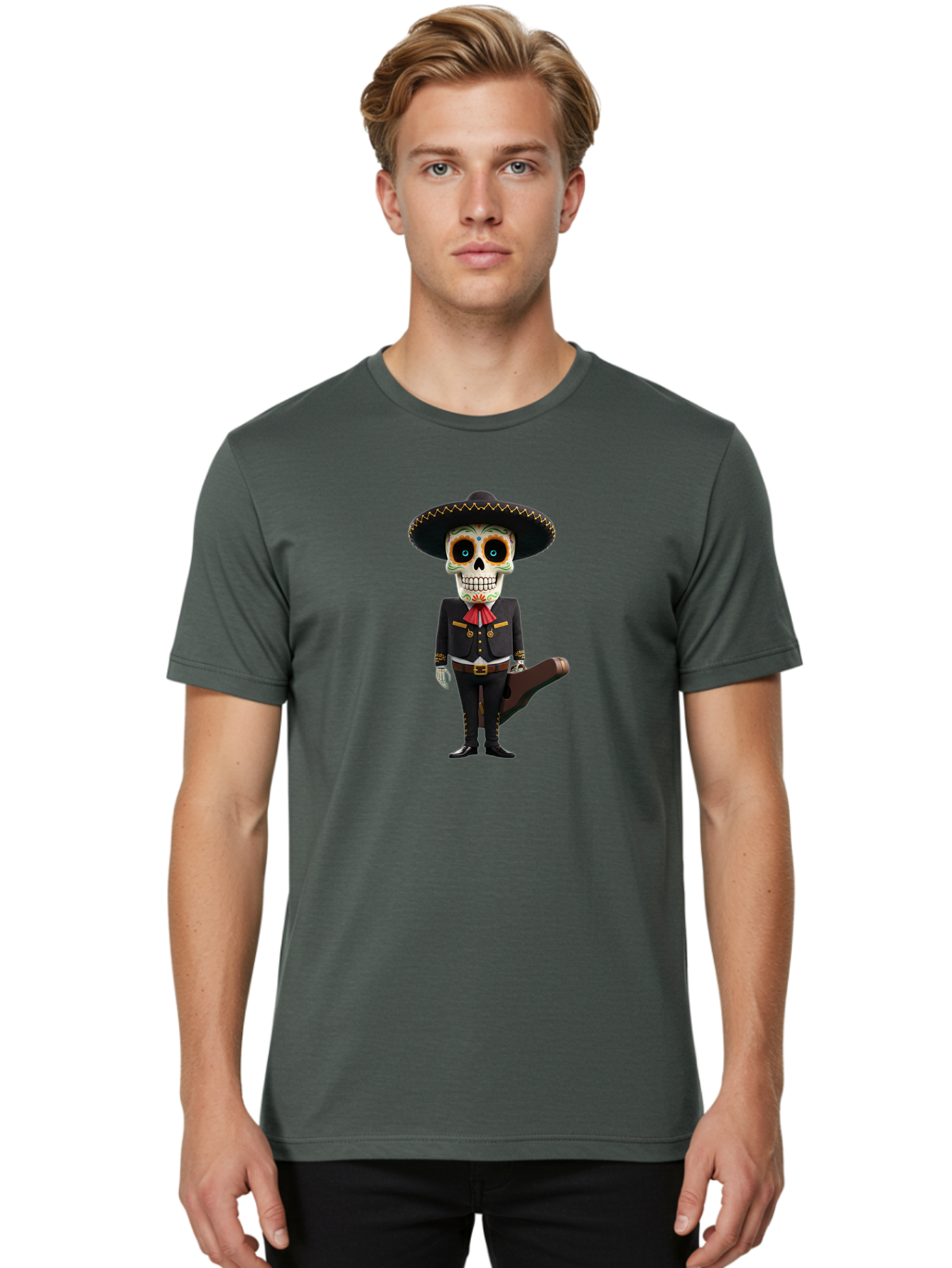 Sugar-Skull-Mariachi Men'S Graphic Tee, 100% Cotton, Comfortable Casual Summer Wear, Machine Washable, Sugar Skull, Mariachi Costume, Guitar Case, Day Of The Dead, Mexican Culture, Skeleton Decoration, Mariachi Attire, Festive Spirit, Bad786