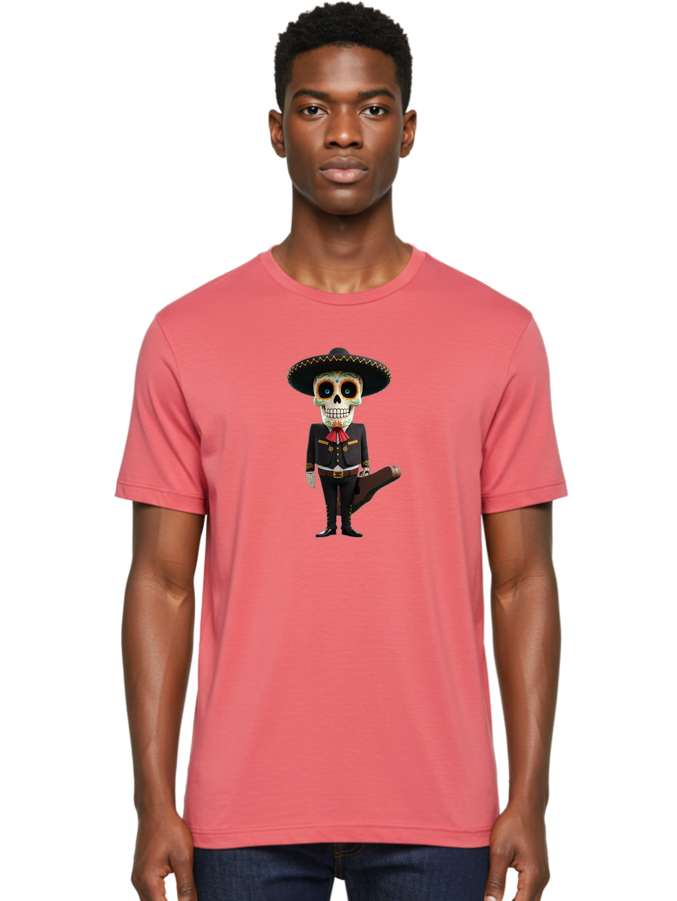Sugar-Skull-Mariachi Men'S Graphic Tee, 100% Cotton, Comfortable Casual Summer Wear, Machine Washable, Sugar Skull, Mariachi Costume, Guitar Case, Day Of The Dead, Mexican Culture, Skeleton Decoration, Mariachi Attire, Festive Spirit, Bad786