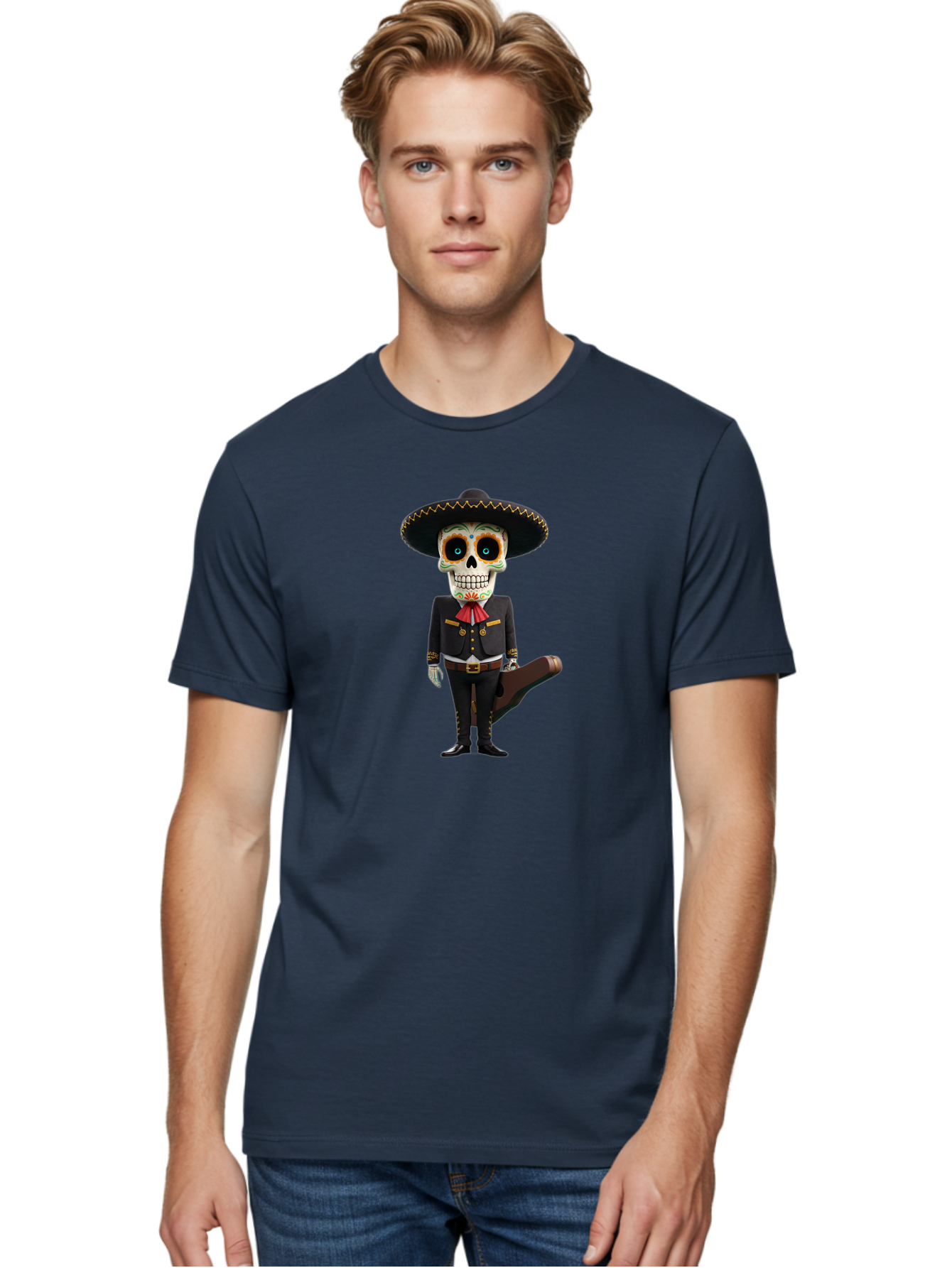 Sugar-Skull-Mariachi Men'S Graphic Tee, 100% Cotton, Comfortable Casual Summer Wear, Machine Washable, Sugar Skull, Mariachi Costume, Guitar Case, Day Of The Dead, Mexican Culture, Skeleton Decoration, Mariachi Attire, Festive Spirit, Bad786