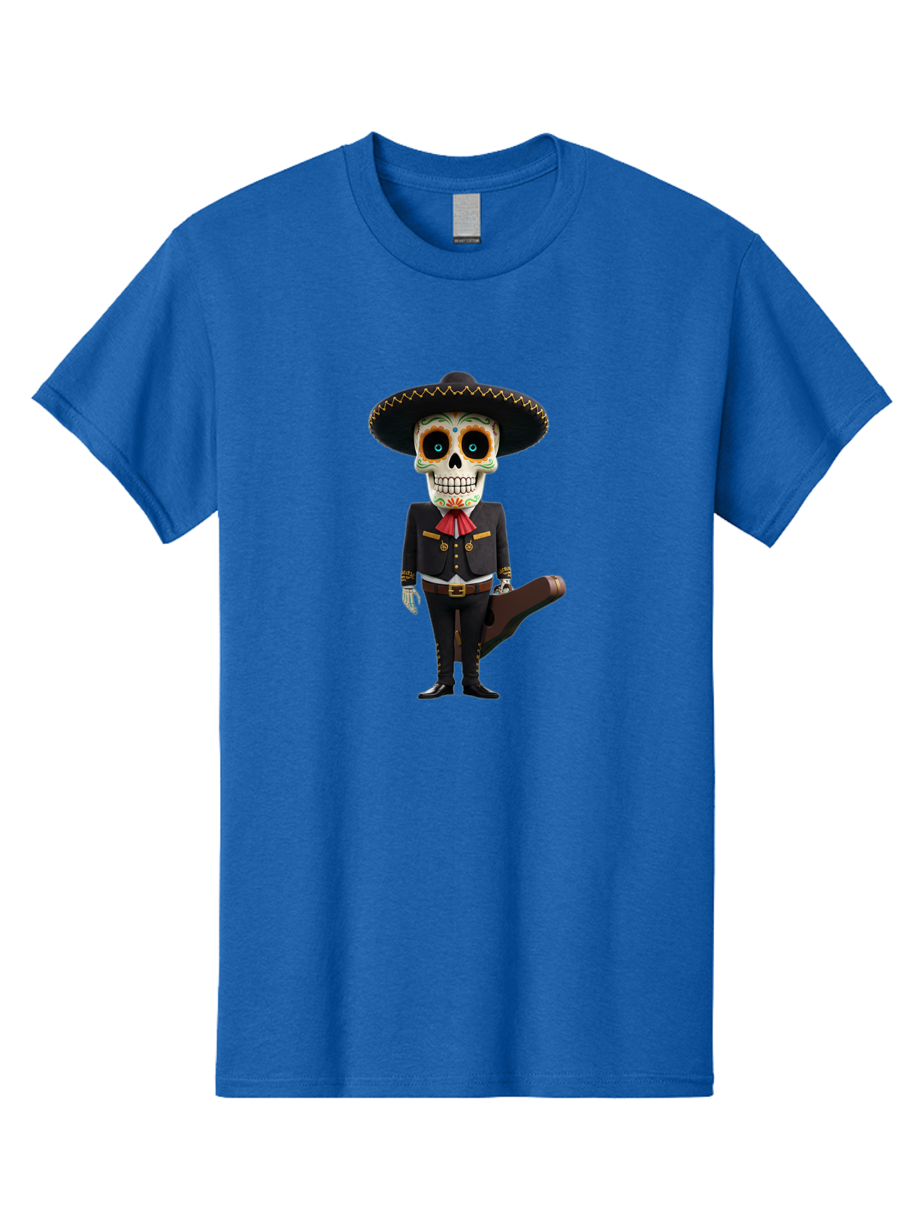 Sugar-Skull-Mariachi Men'S Graphic Tee, 100% Cotton, Comfortable Casual Summer Wear, Machine Washable, Sugar Skull, Mariachi Costume, Guitar Case, Day Of The Dead, Mexican Culture, Skeleton Decoration, Mariachi Attire, Festive Spirit, Bad786