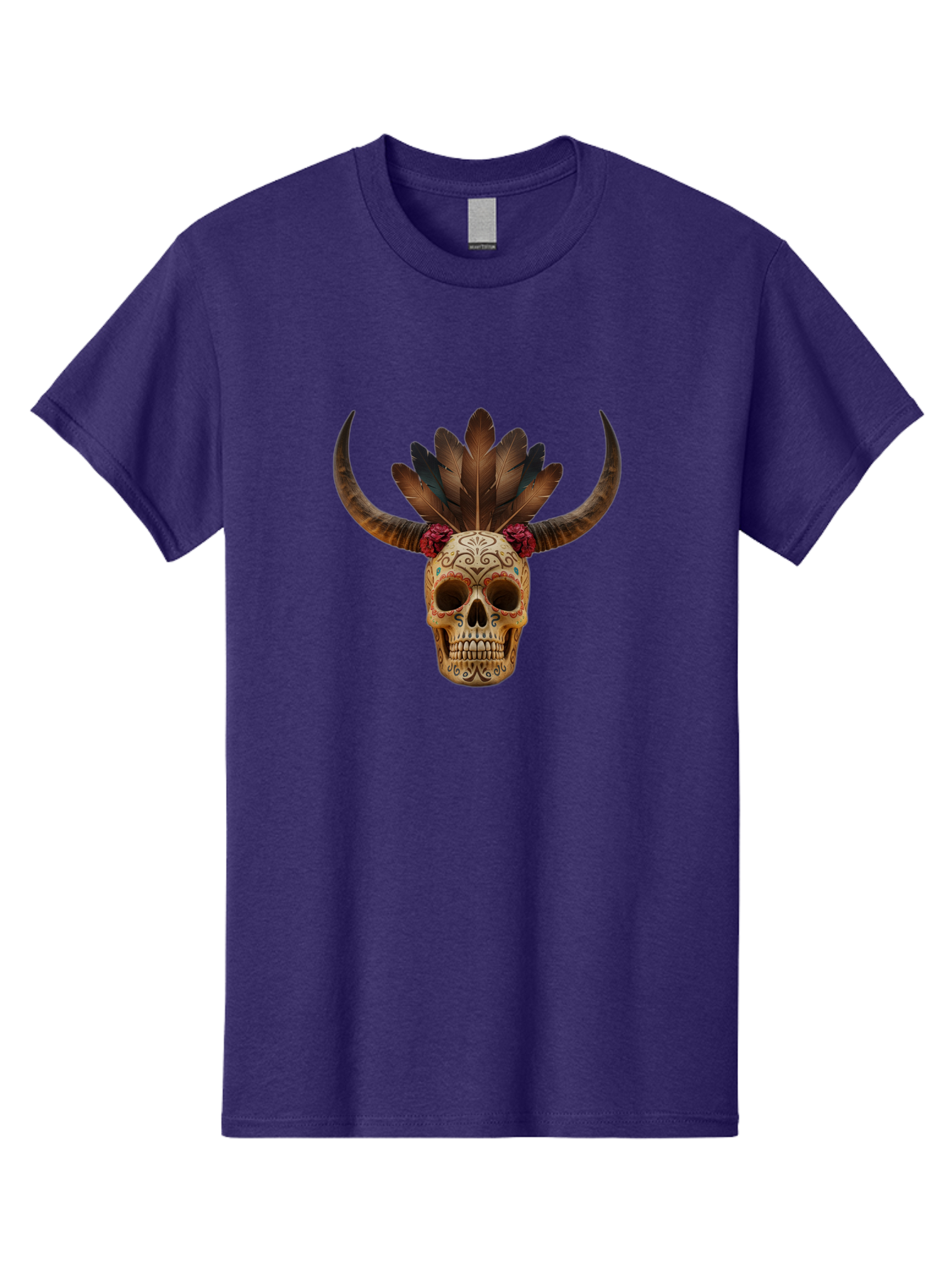 Sugar-Skull-Minotaur Men'S Graphic Tee, 100% Cotton, Comfortable Casual Summer Wear, Machine Washable, Sugar Skull, Minotaur, Bull Skull, Day Of The Dead, Dia De Los Muertos, Tribal Art, Feathered Headdress, Gothic Decor, Skull Art Bad787