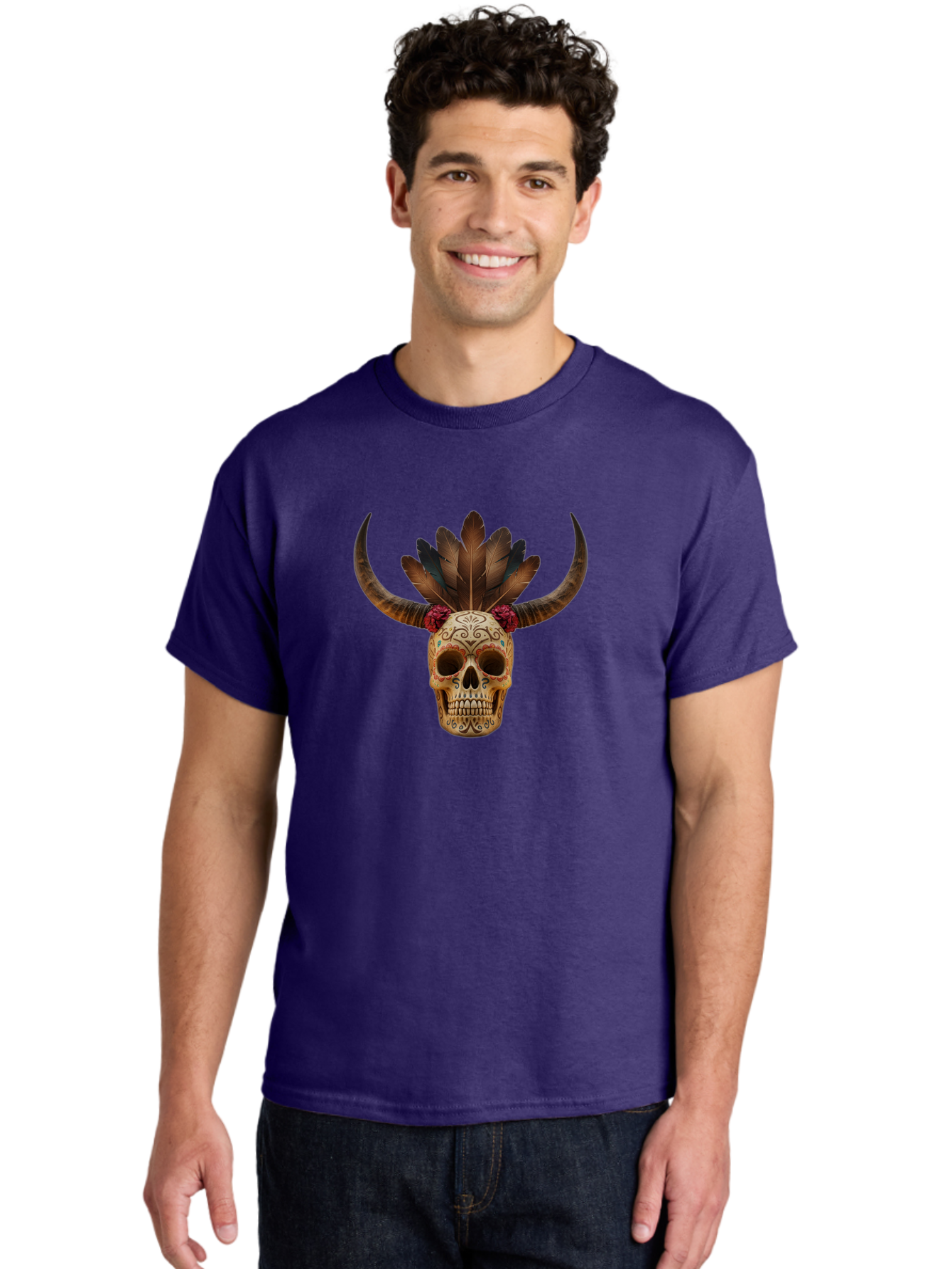 Sugar-Skull-Minotaur Men'S Graphic Tee, 100% Cotton, Comfortable Casual Summer Wear, Machine Washable, Sugar Skull, Minotaur, Bull Skull, Day Of The Dead, Dia De Los Muertos, Tribal Art, Feathered Headdress, Gothic Decor, Skull Art Bad787