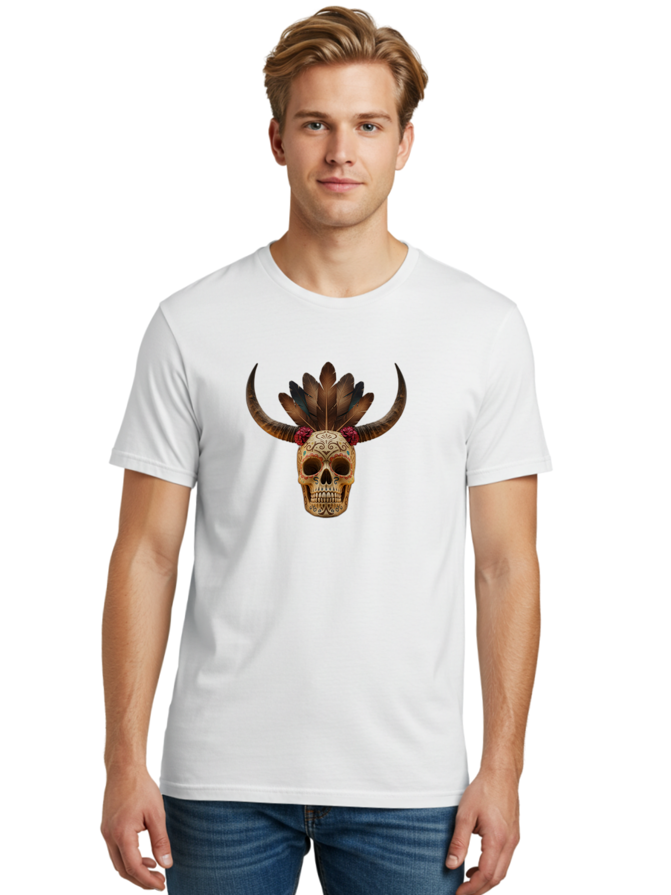 Sugar-Skull-Minotaur Men'S Graphic Tee, 100% Cotton, Comfortable Casual Summer Wear, Machine Washable, Sugar Skull, Minotaur, Bull Skull, Day Of The Dead, Dia De Los Muertos, Tribal Art, Feathered Headdress, Gothic Decor, Skull Art Bad787