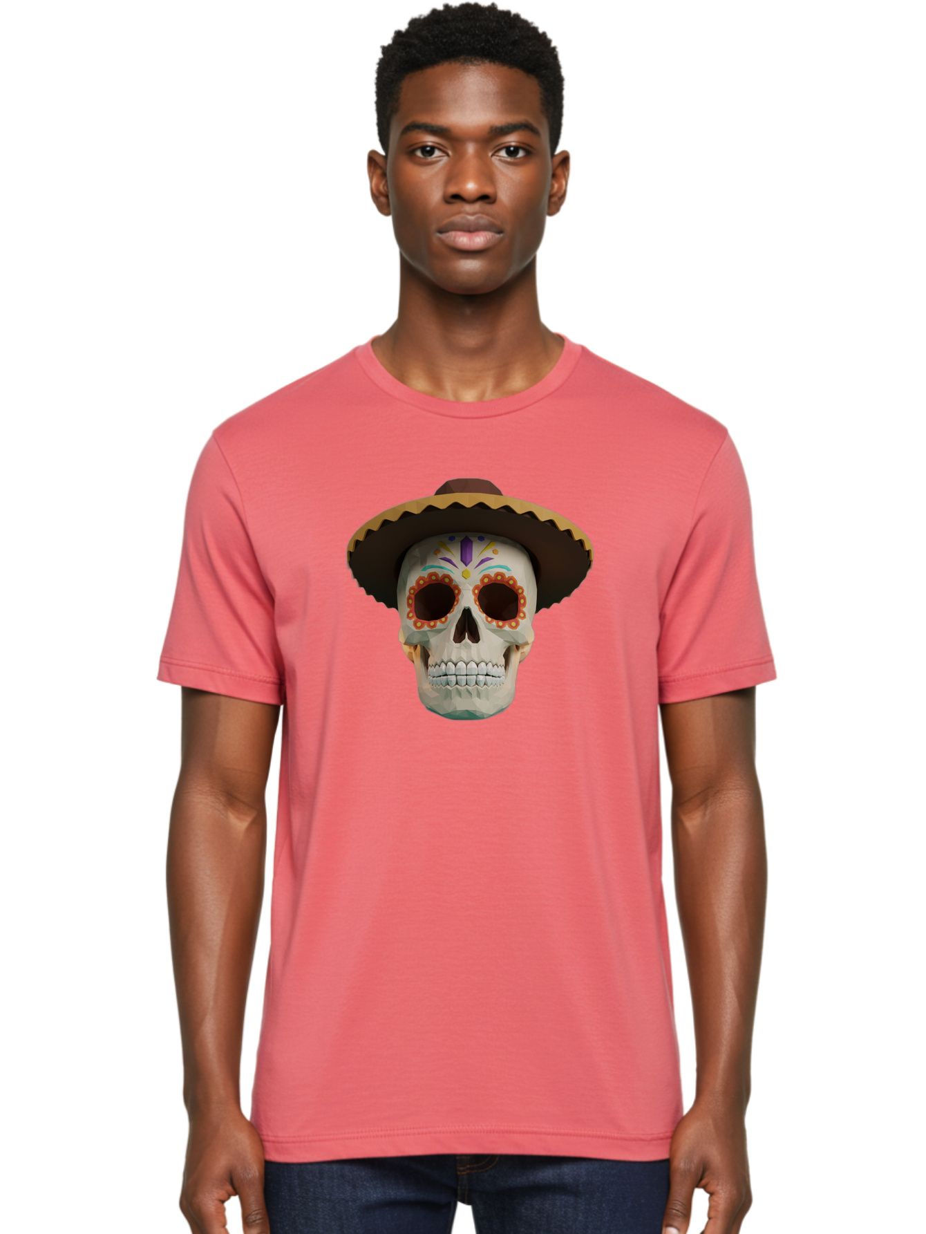 Sugar-Skull-Sombrero Men'S Graphic Tee, 100% Cotton, Comfortable Casual Summer Wear, Machine Washable, Sugar Skull, Sombrero Hat, Mexican Culture, Day Of The Dead, Colorful Designs, Vibrant Patterns, Festive Spirit, Halloween, Bad788