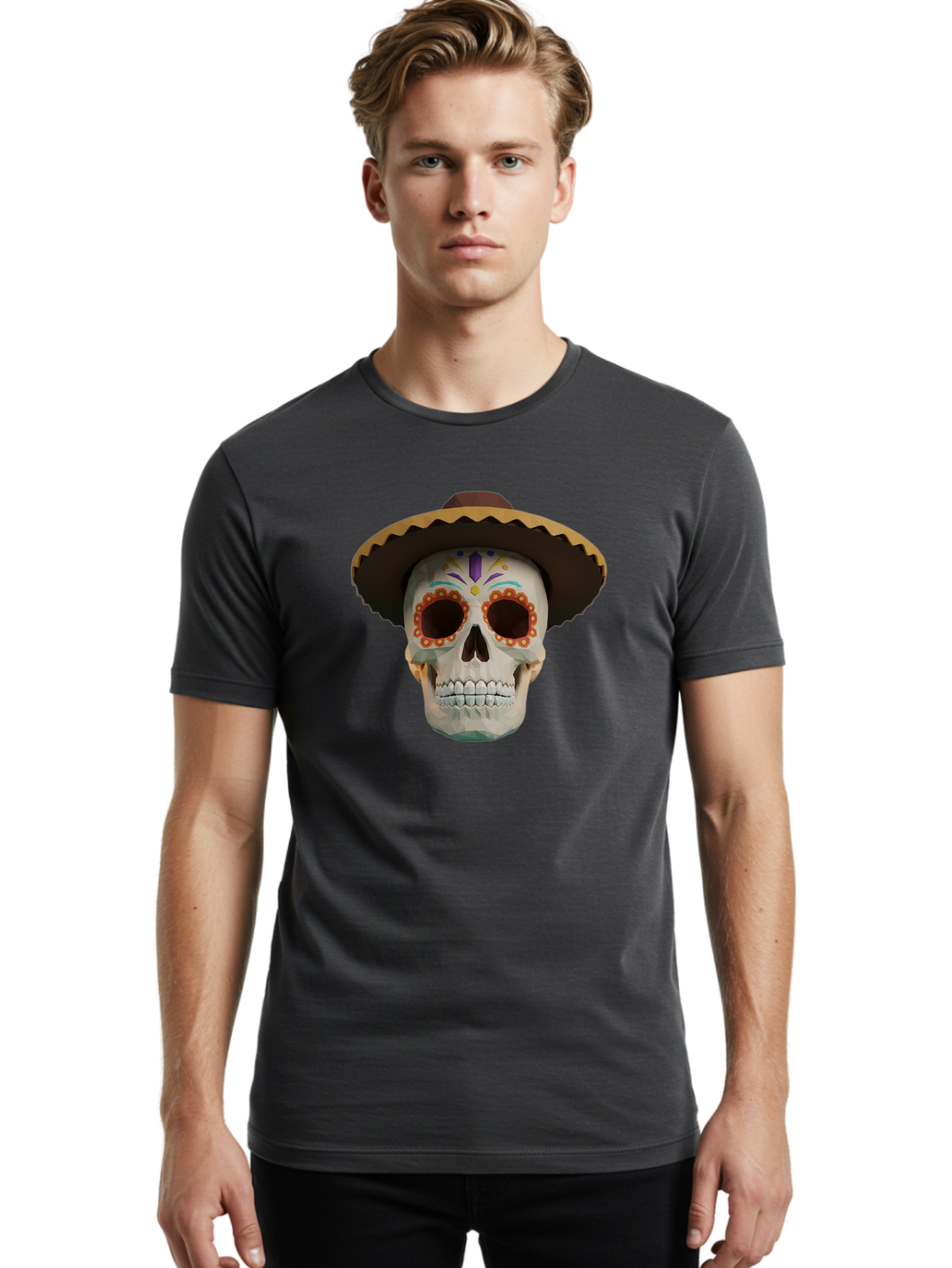Sugar-Skull-Sombrero Men'S Graphic Tee, 100% Cotton, Comfortable Casual Summer Wear, Machine Washable, Sugar Skull, Sombrero Hat, Mexican Culture, Day Of The Dead, Colorful Designs, Vibrant Patterns, Festive Spirit, Halloween, Bad788