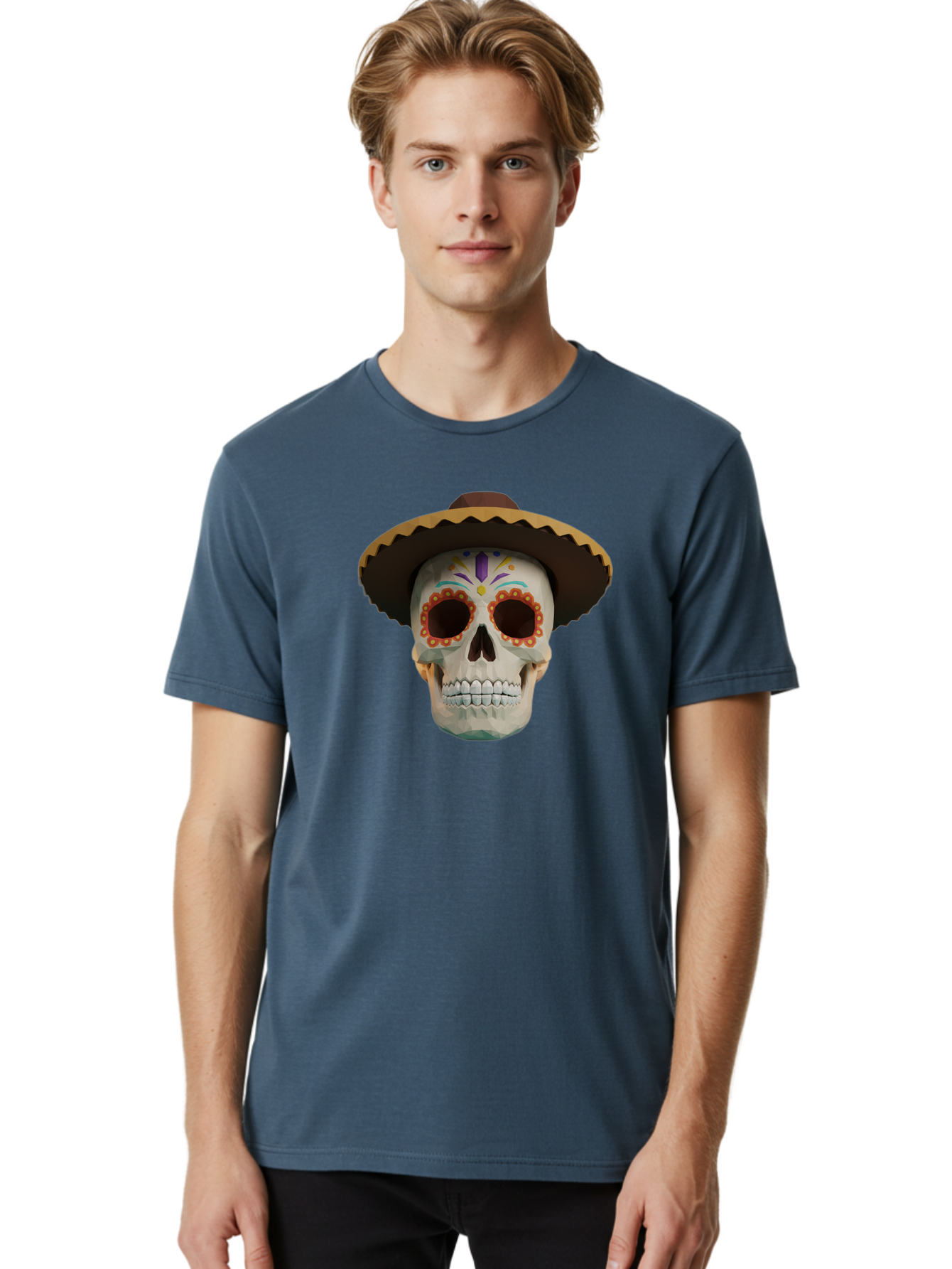 Sugar-Skull-Sombrero Men'S Graphic Tee, 100% Cotton, Comfortable Casual Summer Wear, Machine Washable, Sugar Skull, Sombrero Hat, Mexican Culture, Day Of The Dead, Colorful Designs, Vibrant Patterns, Festive Spirit, Halloween, Bad788
