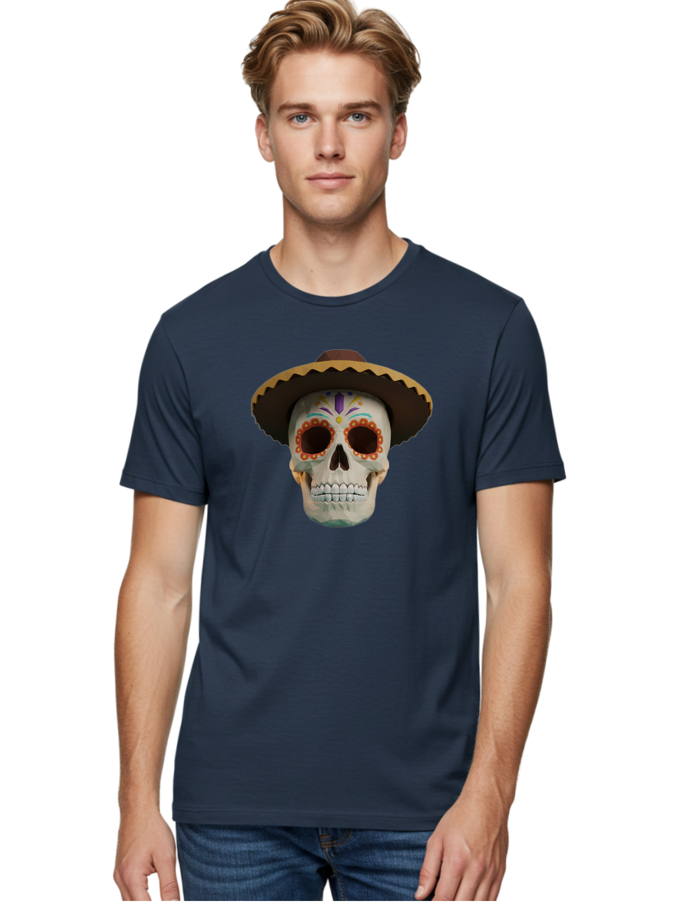 Sugar-Skull-Sombrero Men'S Graphic Tee, 100% Cotton, Comfortable Casual Summer Wear, Machine Washable, Sugar Skull, Sombrero Hat, Mexican Culture, Day Of The Dead, Colorful Designs, Vibrant Patterns, Festive Spirit, Halloween, Bad788