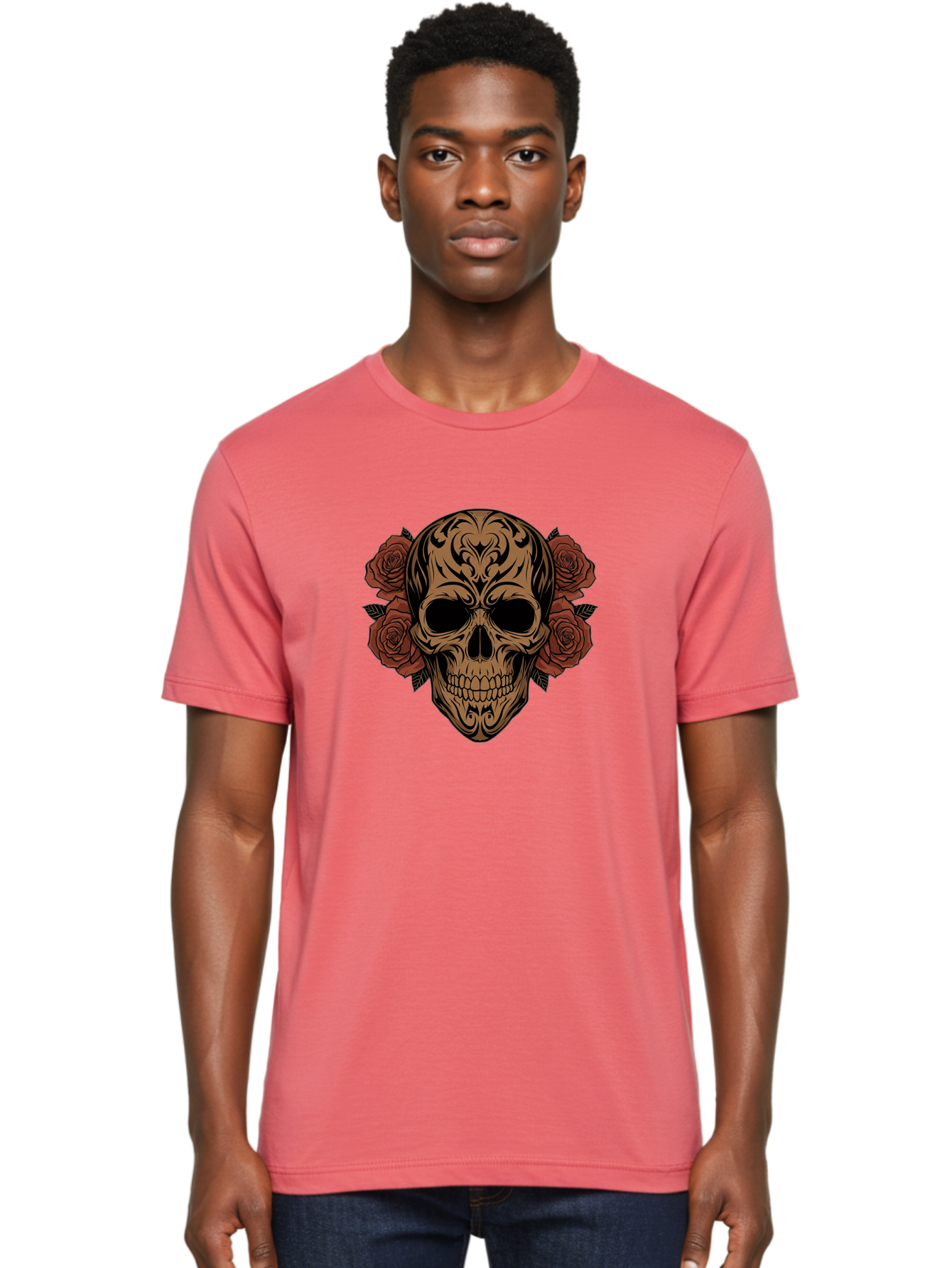 Sugar-Skull-With-Roses-1 Men'S Graphic Tee, 100% Cotton, Comfortable Casual Summer Wear, Machine Washable, Sugar Skull, Floral Design, Red Roses, Black Tribal Patterns, Day Of The Dead, Gothic Art, Tattoo Design, Vibrant Flowers, Dark Art, Bad789
