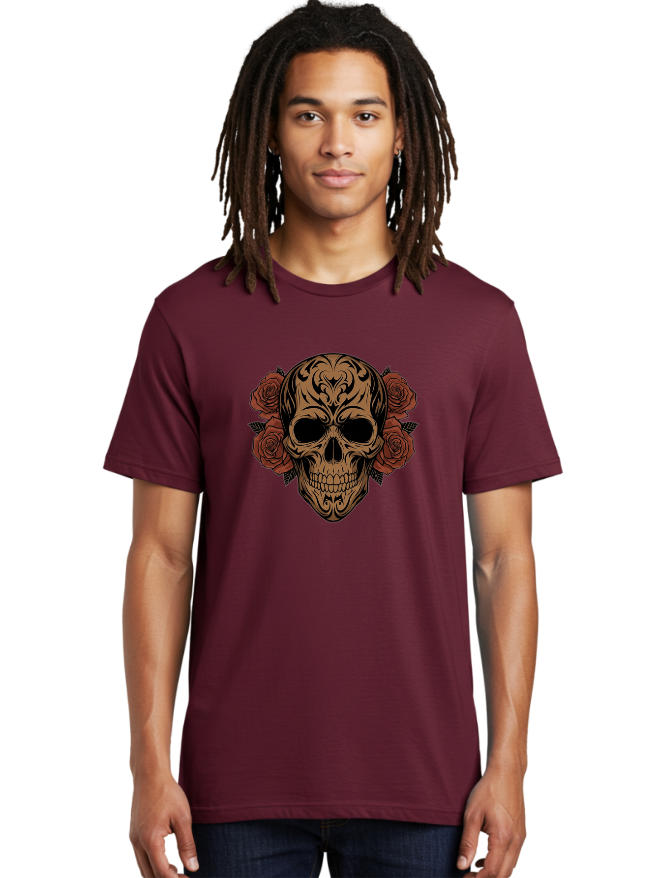 Sugar-Skull-With-Roses-1 Men'S Graphic Tee, 100% Cotton, Comfortable Casual Summer Wear, Machine Washable, Sugar Skull, Floral Design, Red Roses, Black Tribal Patterns, Day Of The Dead, Gothic Art, Tattoo Design, Vibrant Flowers, Dark Art, Bad789
