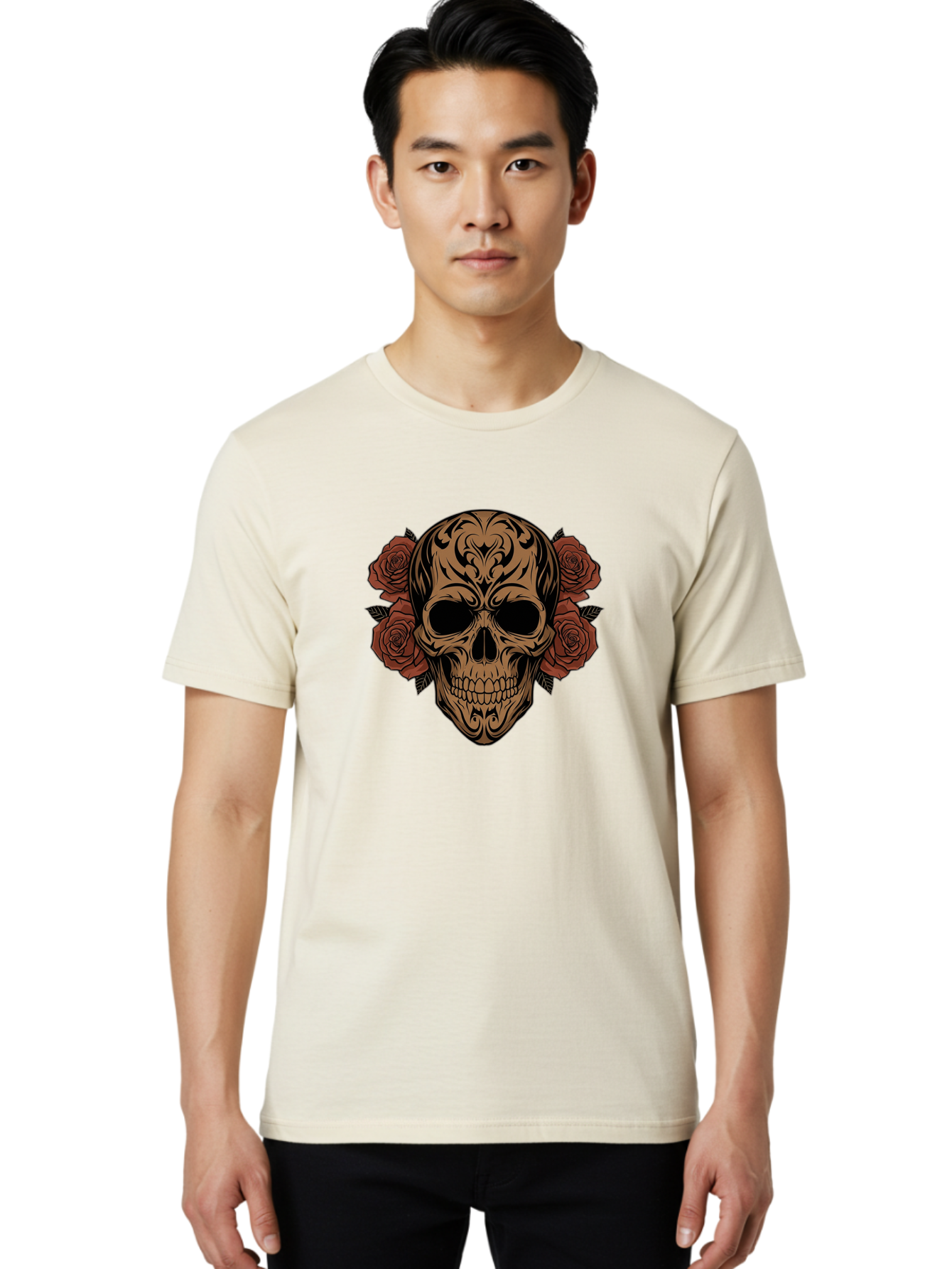 Sugar-Skull-With-Roses-1 Men'S Graphic Tee, 100% Cotton, Comfortable Casual Summer Wear, Machine Washable, Sugar Skull, Floral Design, Red Roses, Black Tribal Patterns, Day Of The Dead, Gothic Art, Tattoo Design, Vibrant Flowers, Dark Art, Bad789