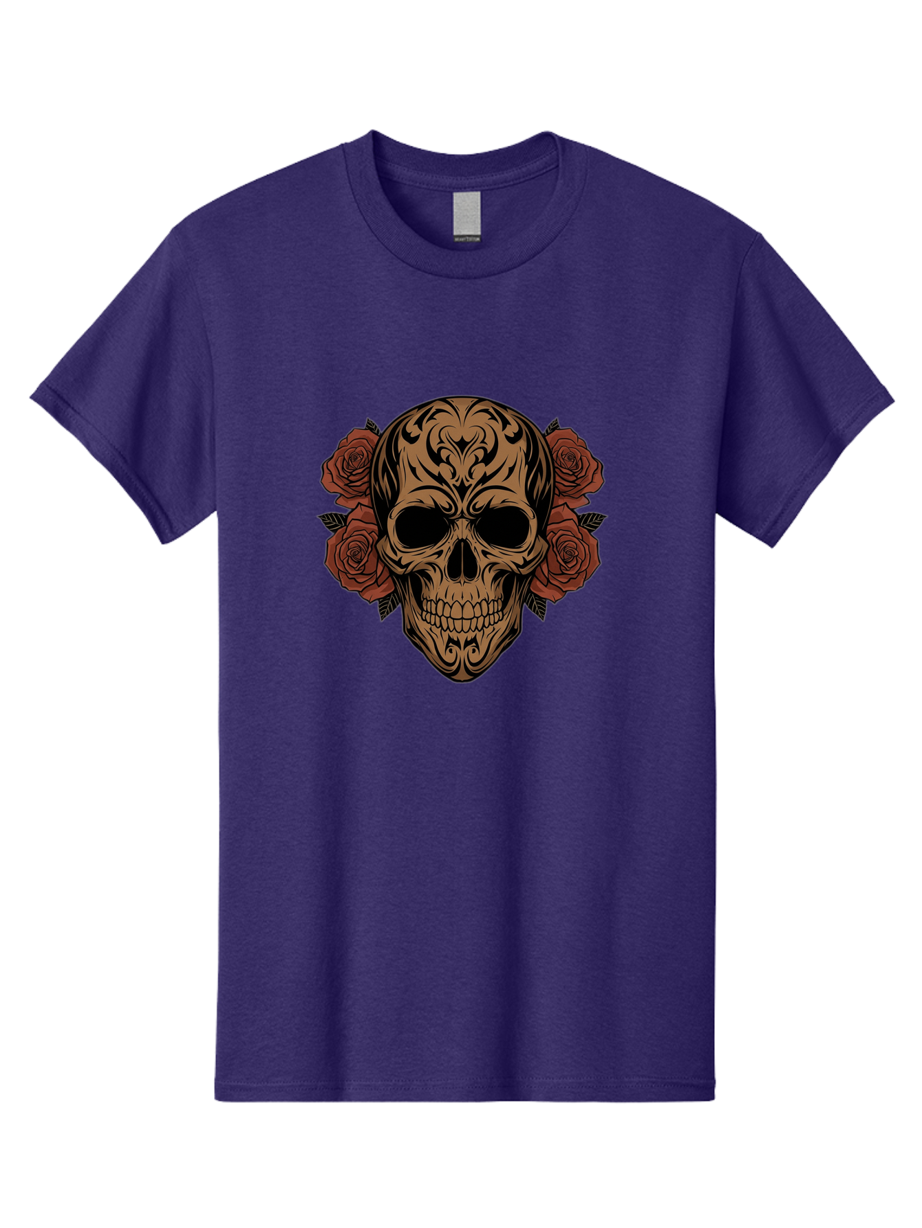 Sugar-Skull-With-Roses-1 Men'S Graphic Tee, 100% Cotton, Comfortable Casual Summer Wear, Machine Washable, Sugar Skull, Floral Design, Red Roses, Black Tribal Patterns, Day Of The Dead, Gothic Art, Tattoo Design, Vibrant Flowers, Dark Art, Bad789