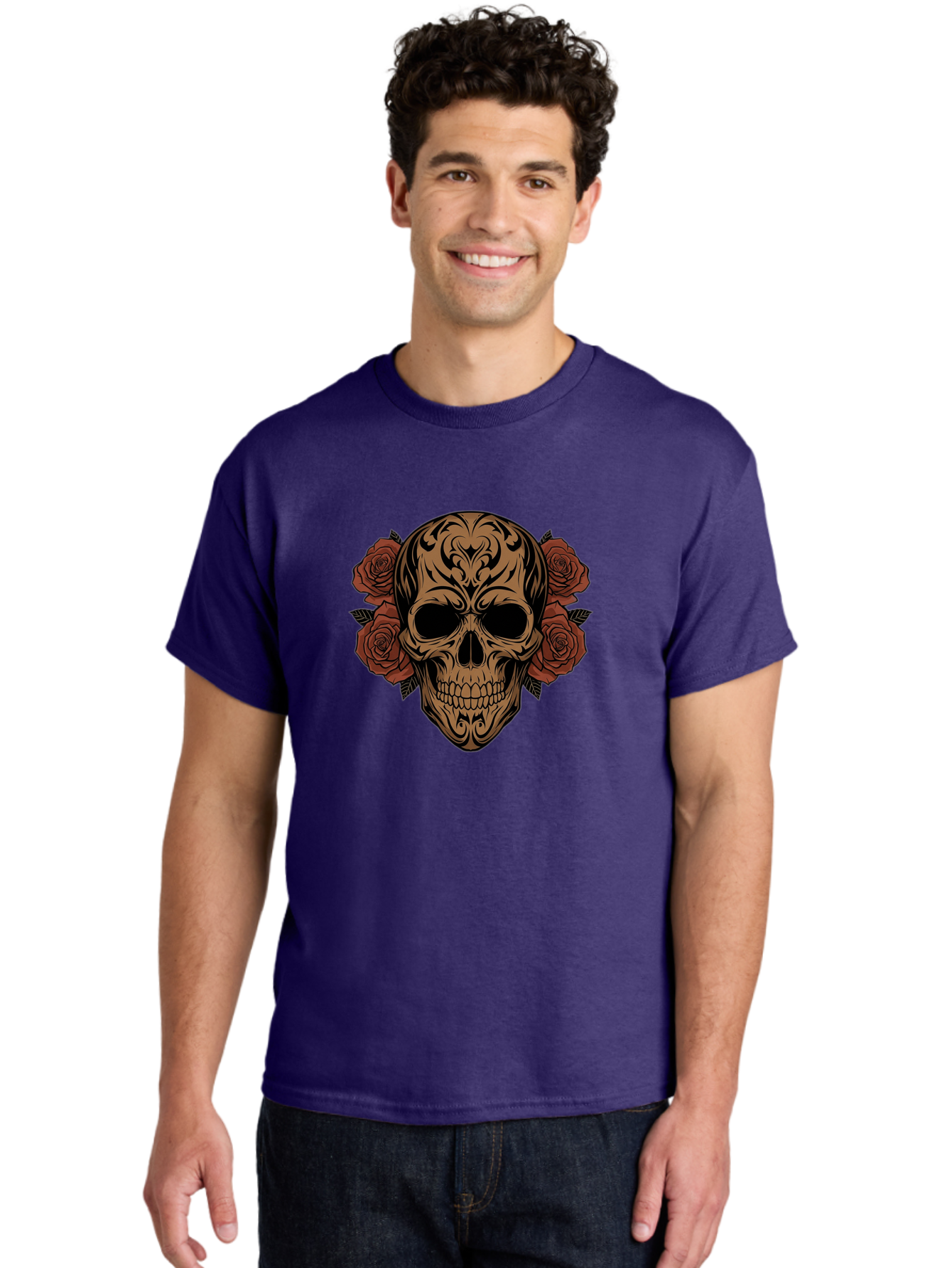 Sugar-Skull-With-Roses-1 Men'S Graphic Tee, 100% Cotton, Comfortable Casual Summer Wear, Machine Washable, Sugar Skull, Floral Design, Red Roses, Black Tribal Patterns, Day Of The Dead, Gothic Art, Tattoo Design, Vibrant Flowers, Dark Art, Bad789