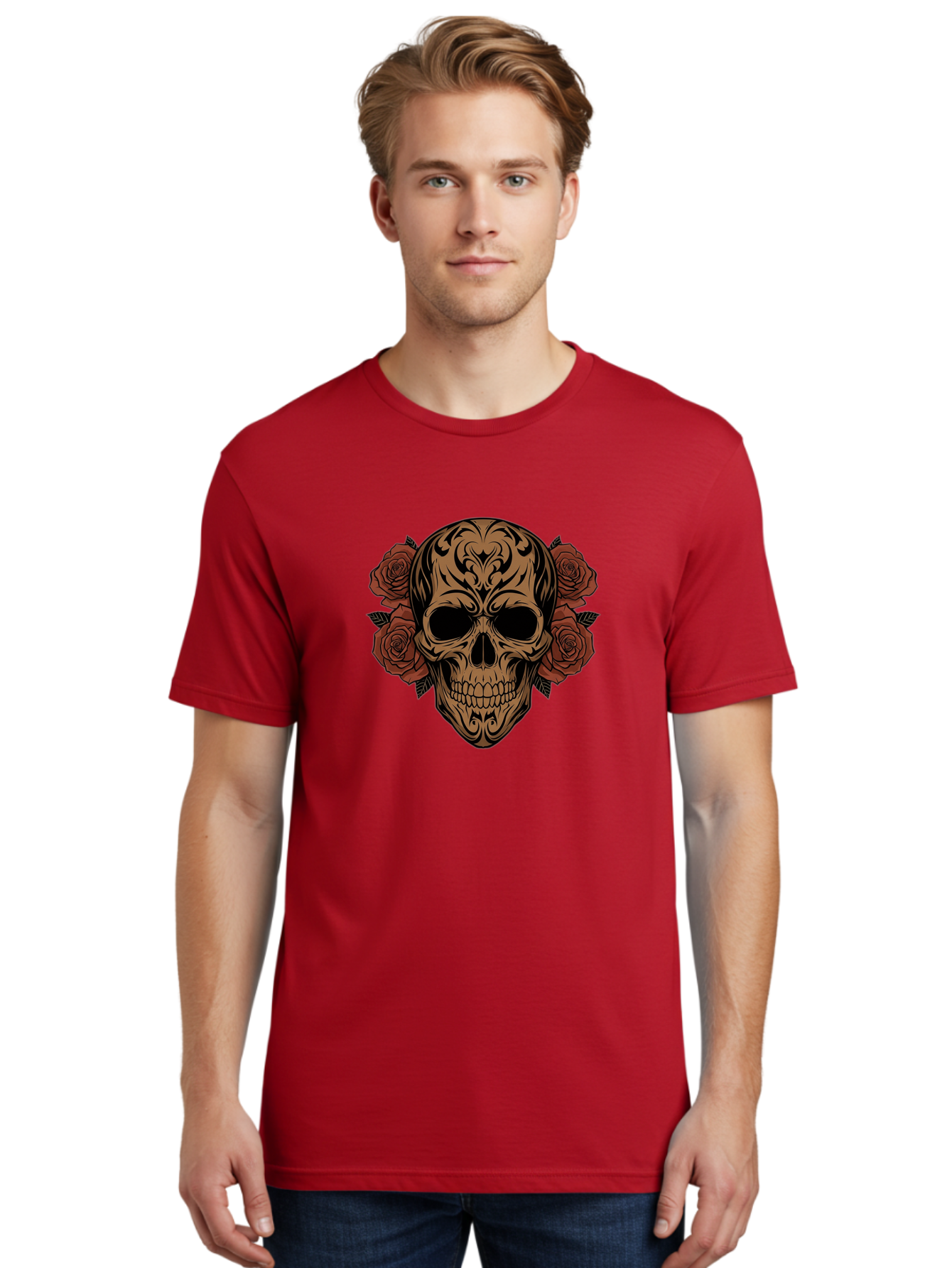 Sugar-Skull-With-Roses-1 Men'S Graphic Tee, 100% Cotton, Comfortable Casual Summer Wear, Machine Washable, Sugar Skull, Floral Design, Red Roses, Black Tribal Patterns, Day Of The Dead, Gothic Art, Tattoo Design, Vibrant Flowers, Dark Art, Bad789