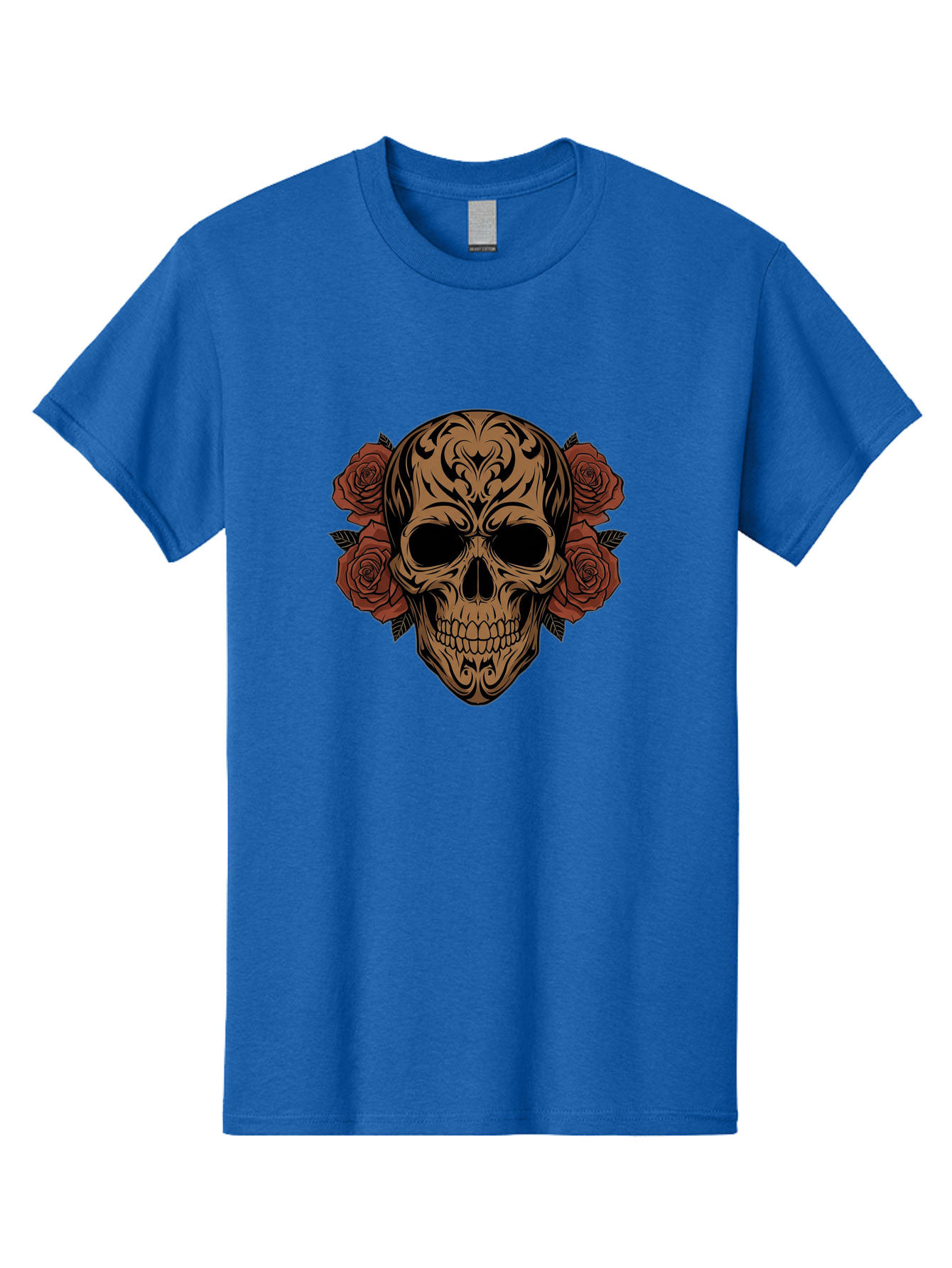 Sugar-Skull-With-Roses-1 Men'S Graphic Tee, 100% Cotton, Comfortable Casual Summer Wear, Machine Washable, Sugar Skull, Floral Design, Red Roses, Black Tribal Patterns, Day Of The Dead, Gothic Art, Tattoo Design, Vibrant Flowers, Dark Art, Bad789
