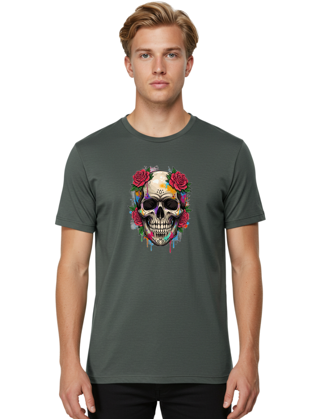 Sugar-Skull-With-Roses-2 Men'S Graphic Tee, 100% Cotton, Comfortable Casual Summer Wear, Machine Washable, Sugar Skull, Skull With Roses, Vibrant Colors, Colorful Skull, Street Art Style, Abstract Art, Day Of The Dead Theme, Red Roses, Bad790