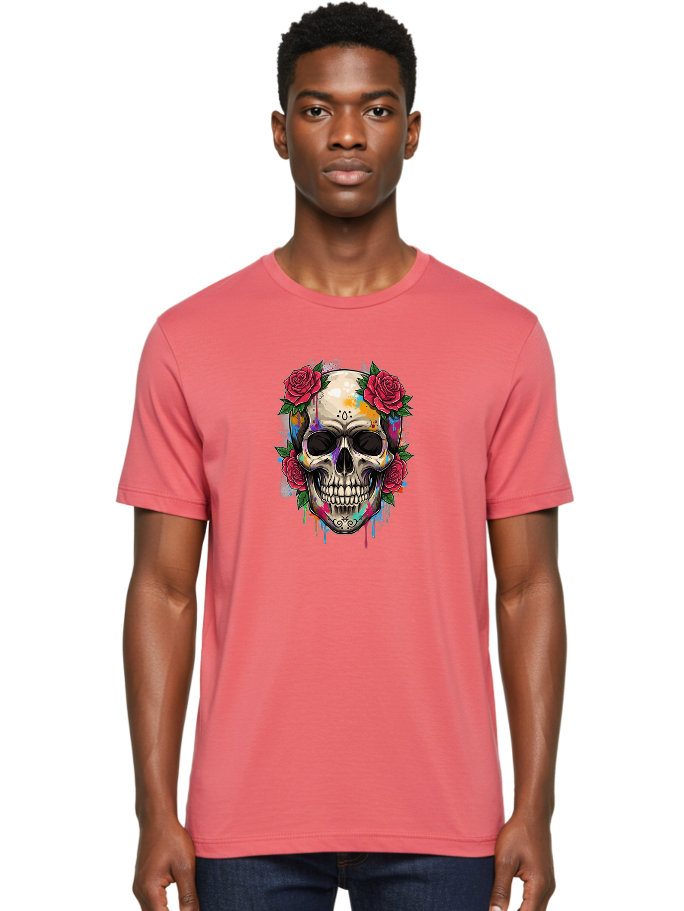 Sugar-Skull-With-Roses-2 Men'S Graphic Tee, 100% Cotton, Comfortable Casual Summer Wear, Machine Washable, Sugar Skull, Skull With Roses, Vibrant Colors, Colorful Skull, Street Art Style, Abstract Art, Day Of The Dead Theme, Red Roses, Bad790