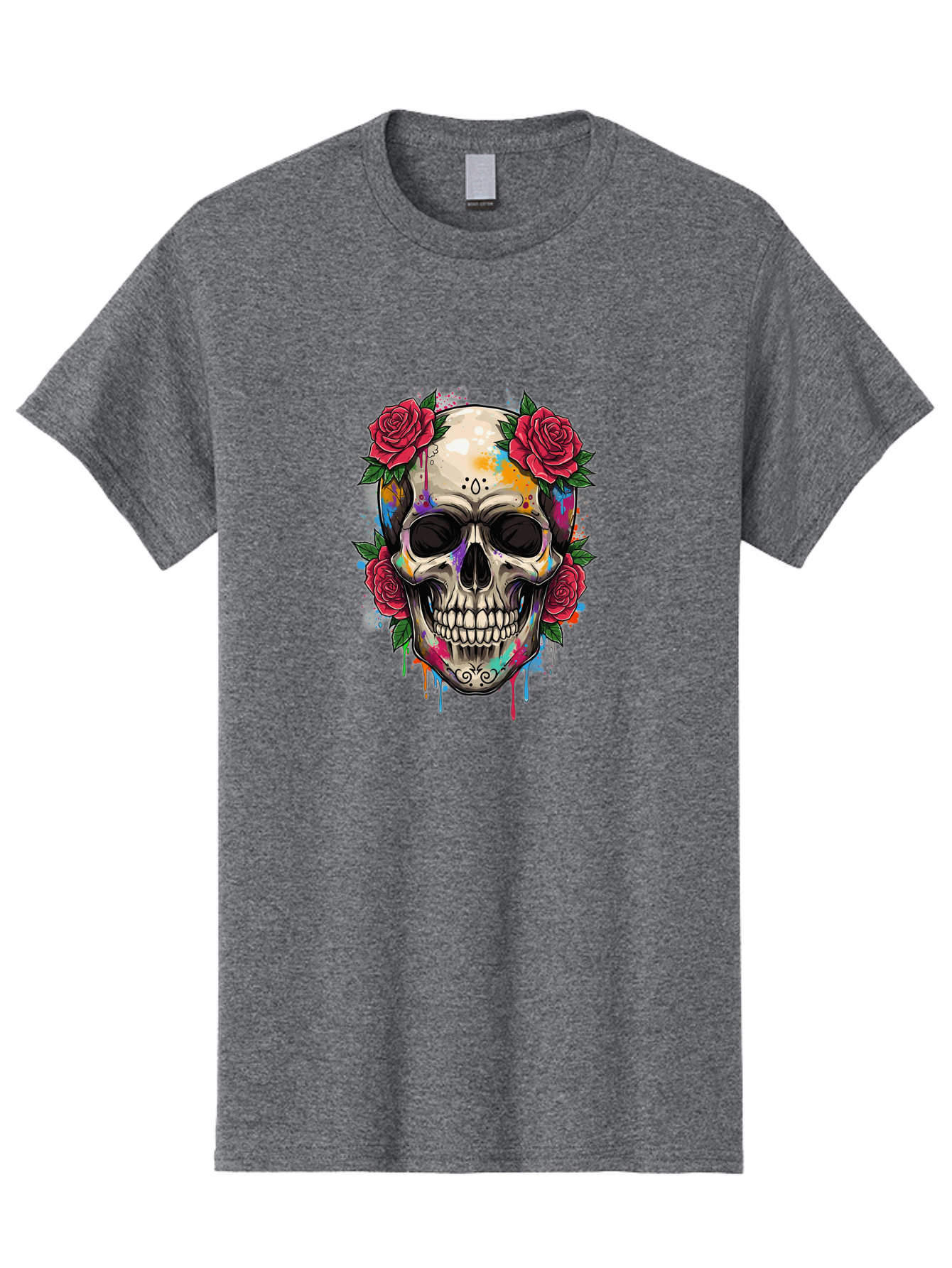 Sugar-Skull-With-Roses-2 Men'S Graphic Tee, 100% Cotton, Comfortable Casual Summer Wear, Machine Washable, Sugar Skull, Skull With Roses, Vibrant Colors, Colorful Skull, Street Art Style, Abstract Art, Day Of The Dead Theme, Red Roses, Bad790