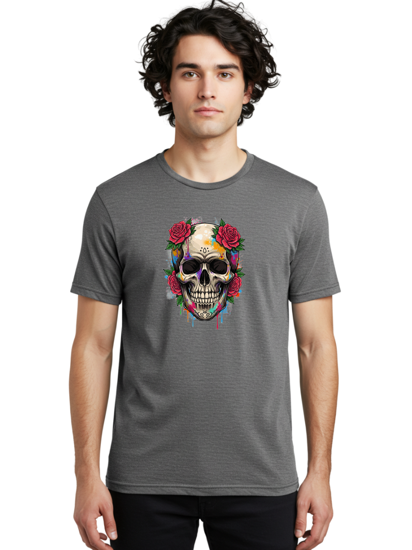 Sugar-Skull-With-Roses-2 Men'S Graphic Tee, 100% Cotton, Comfortable Casual Summer Wear, Machine Washable, Sugar Skull, Skull With Roses, Vibrant Colors, Colorful Skull, Street Art Style, Abstract Art, Day Of The Dead Theme, Red Roses, Bad790