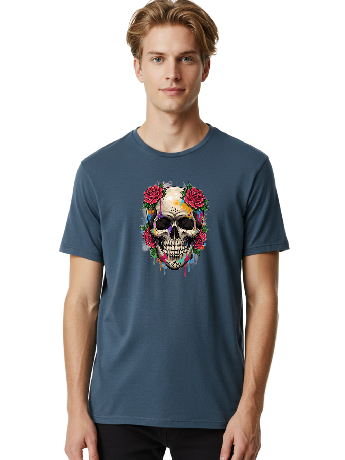 Sugar-Skull-With-Roses-2 Men'S Graphic Tee, 100% Cotton, Comfortable Casual Summer Wear, Machine Washable, Sugar Skull, Skull With Roses, Vibrant Colors, Colorful Skull, Street Art Style, Abstract Art, Day Of The Dead Theme, Red Roses, Bad790