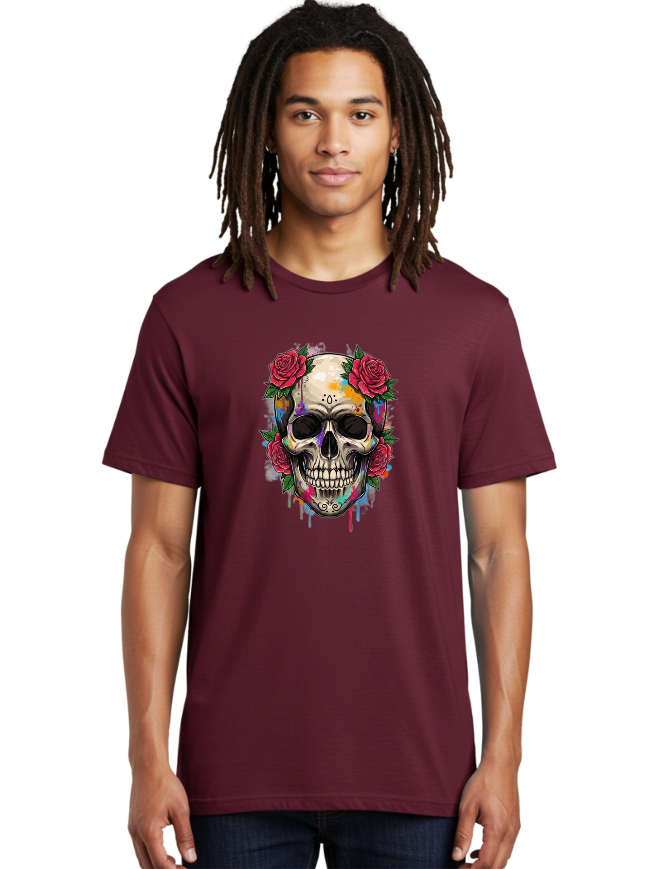 Sugar-Skull-With-Roses-2 Men'S Graphic Tee, 100% Cotton, Comfortable Casual Summer Wear, Machine Washable, Sugar Skull, Skull With Roses, Vibrant Colors, Colorful Skull, Street Art Style, Abstract Art, Day Of The Dead Theme, Red Roses, Bad790