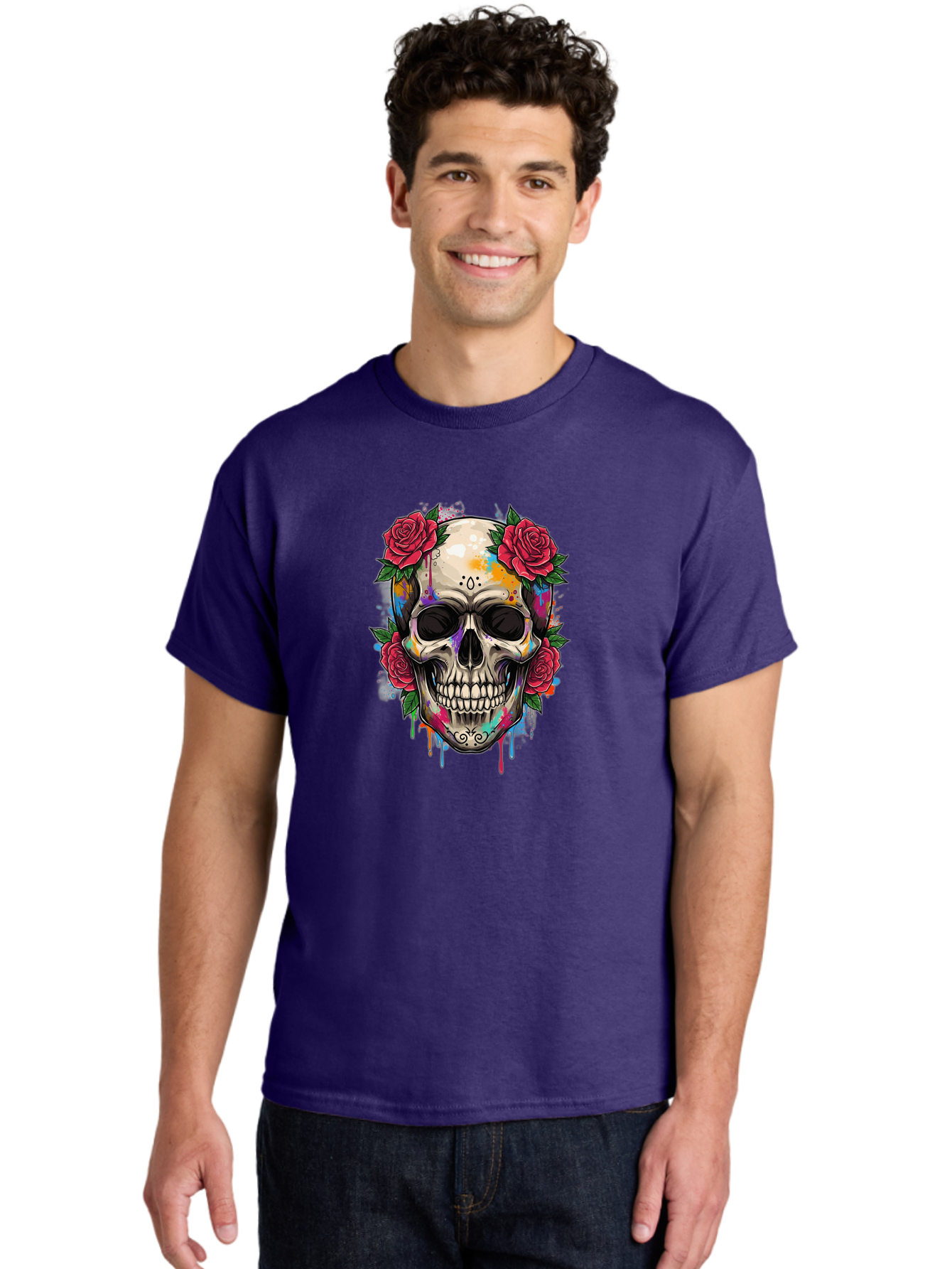 Sugar-Skull-With-Roses-2 Men'S Graphic Tee, 100% Cotton, Comfortable Casual Summer Wear, Machine Washable, Sugar Skull, Skull With Roses, Vibrant Colors, Colorful Skull, Street Art Style, Abstract Art, Day Of The Dead Theme, Red Roses, Bad790