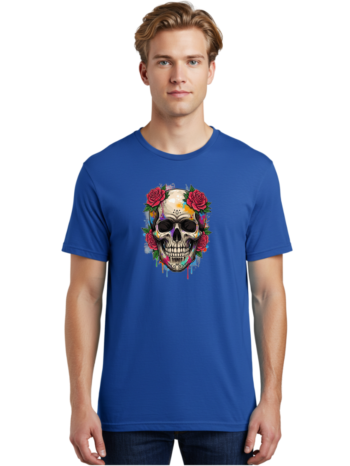 Sugar-Skull-With-Roses-2 Men'S Graphic Tee, 100% Cotton, Comfortable Casual Summer Wear, Machine Washable, Sugar Skull, Skull With Roses, Vibrant Colors, Colorful Skull, Street Art Style, Abstract Art, Day Of The Dead Theme, Red Roses, Bad790