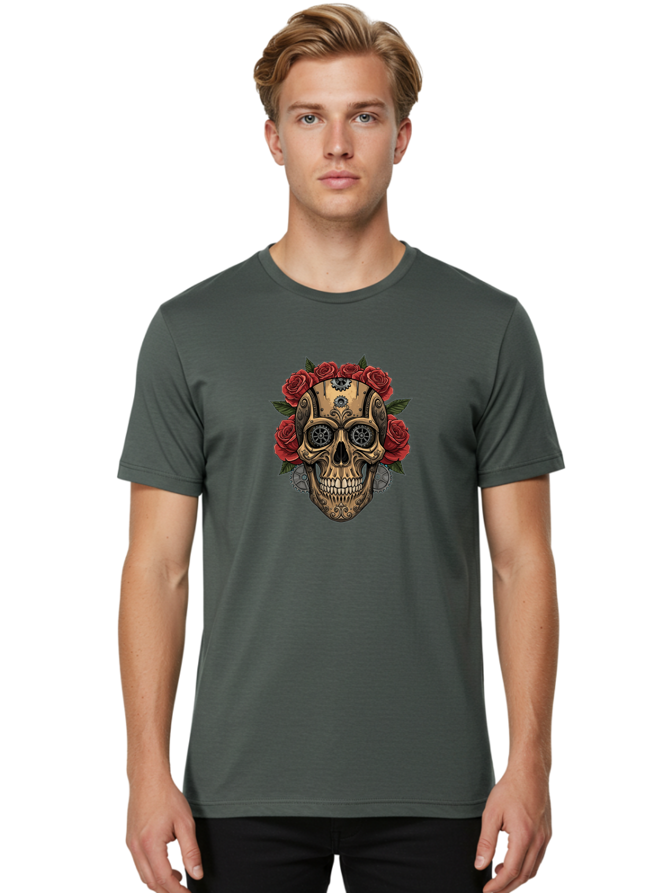 Sugar-Skull-With-Roses Men'S Graphic Tee, 100% Cotton, Comfortable Casual Summer Wear, Machine Washable, Sugar Skull, Day Of The Dead, Mechanical Parts, Floral Wreath, Red Roses, Gothic Design, Steampunk Style, Intricate Details, Bad791