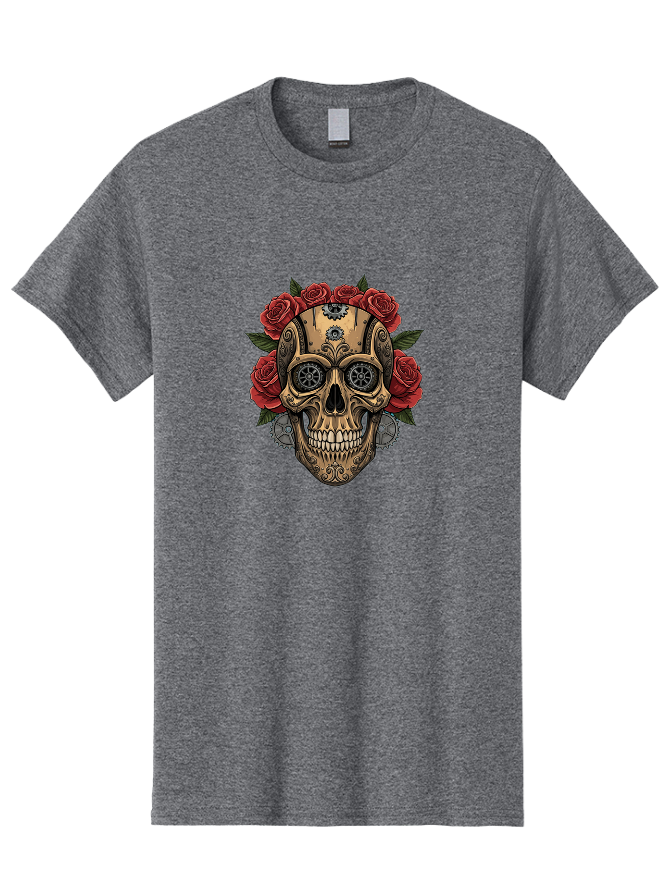Sugar-Skull-With-Roses Men'S Graphic Tee, 100% Cotton, Comfortable Casual Summer Wear, Machine Washable, Sugar Skull, Day Of The Dead, Mechanical Parts, Floral Wreath, Red Roses, Gothic Design, Steampunk Style, Intricate Details, Bad791