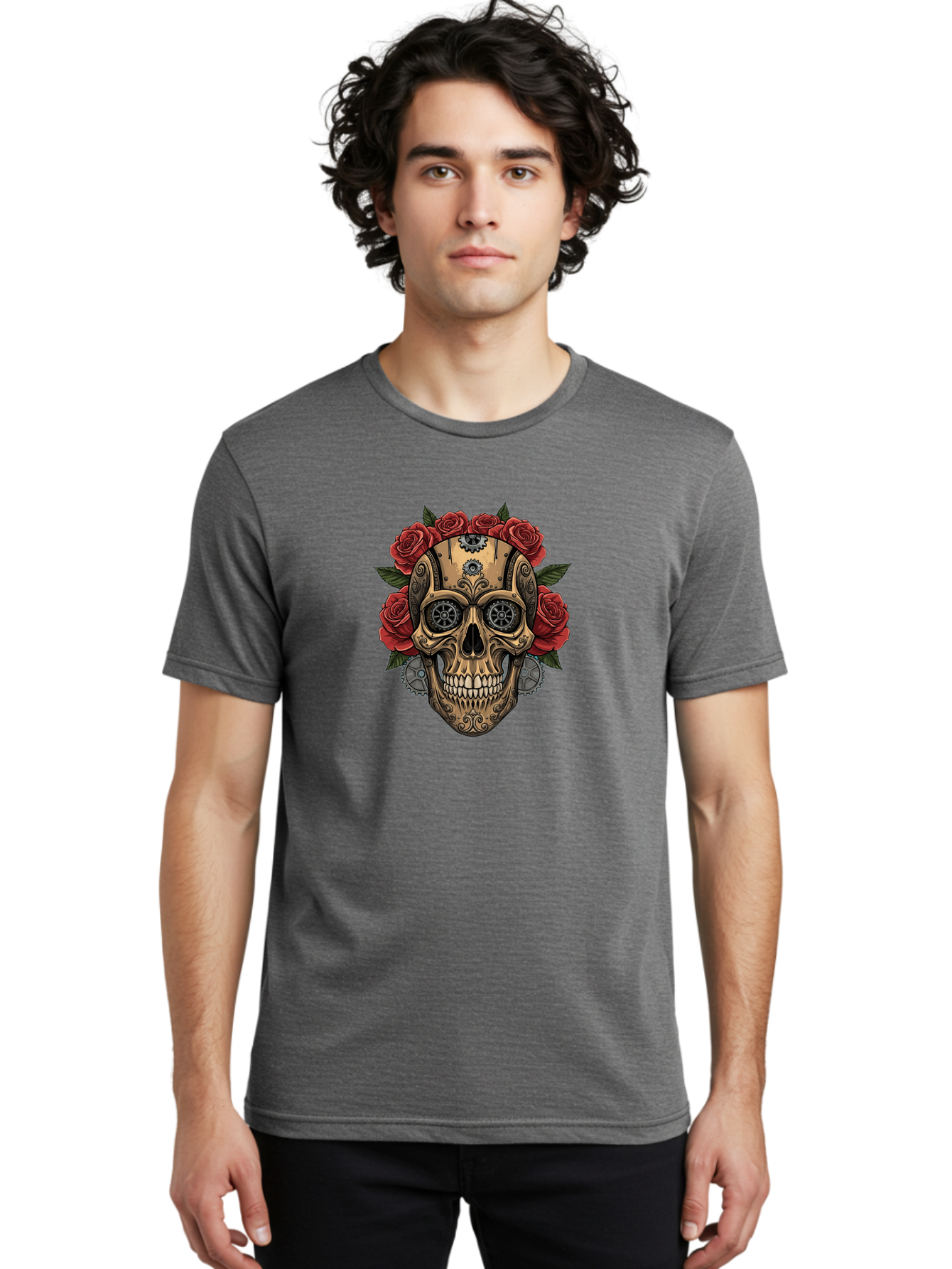 Sugar-Skull-With-Roses Men'S Graphic Tee, 100% Cotton, Comfortable Casual Summer Wear, Machine Washable, Sugar Skull, Day Of The Dead, Mechanical Parts, Floral Wreath, Red Roses, Gothic Design, Steampunk Style, Intricate Details, Bad791