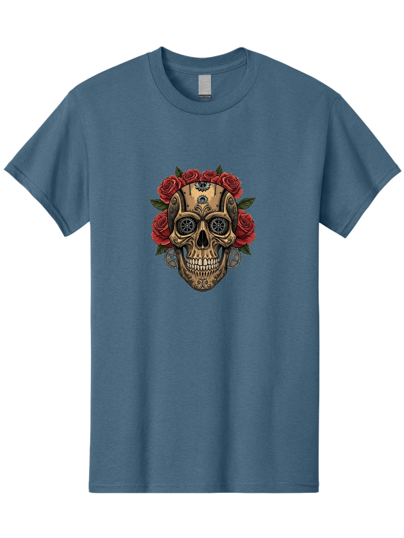 Sugar-Skull-With-Roses Men'S Graphic Tee, 100% Cotton, Comfortable Casual Summer Wear, Machine Washable, Sugar Skull, Day Of The Dead, Mechanical Parts, Floral Wreath, Red Roses, Gothic Design, Steampunk Style, Intricate Details, Bad791
